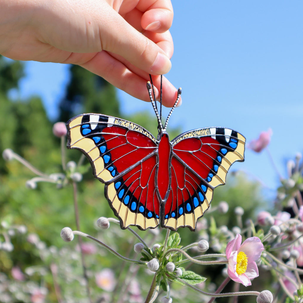 SunStainedGlassUA Mourning Cloak Butterfly Suncatcher Stained Glass Window Hanging