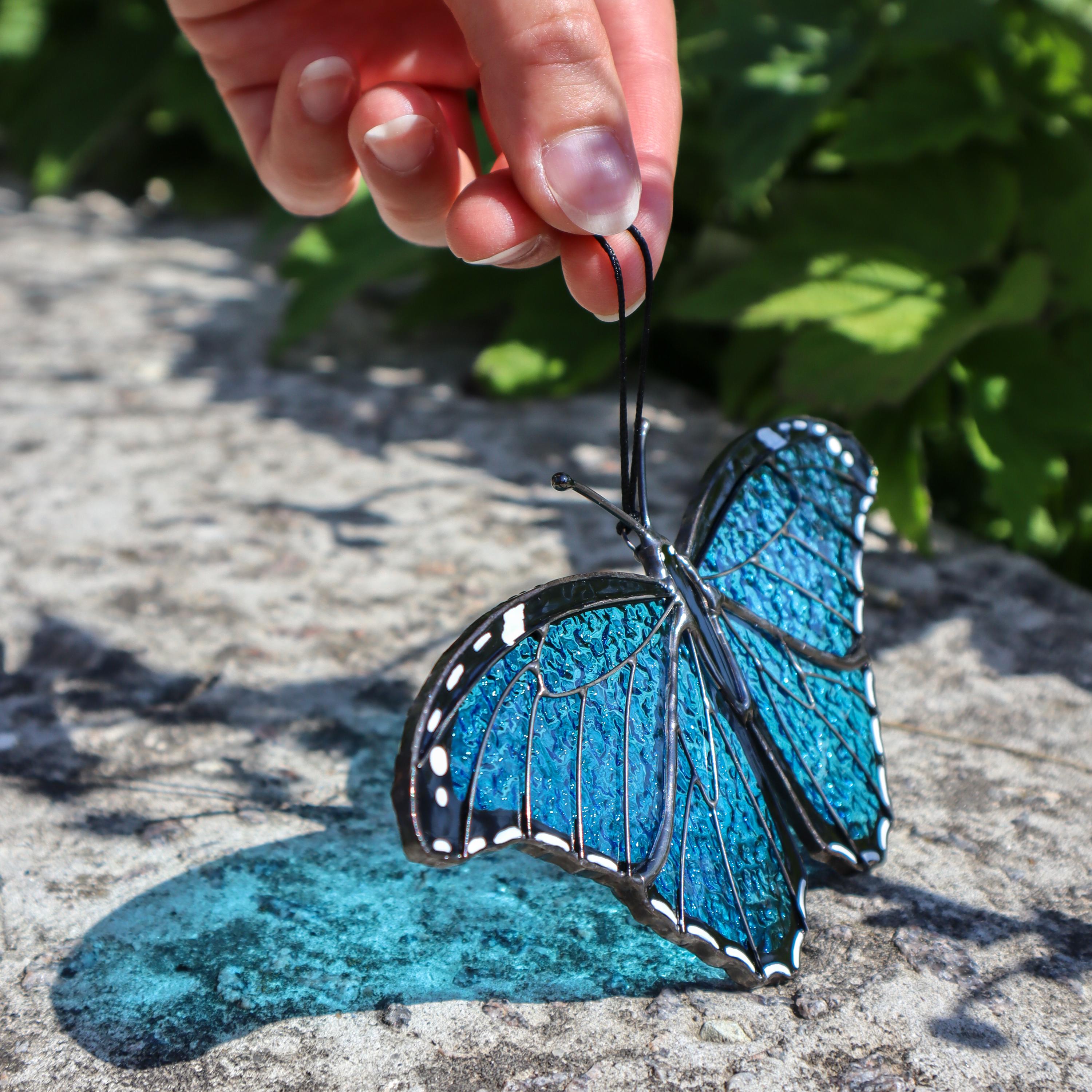 SunStainedGlassUA Morpho Menelaus Stained Glass Butterfly Suncatcher 6in