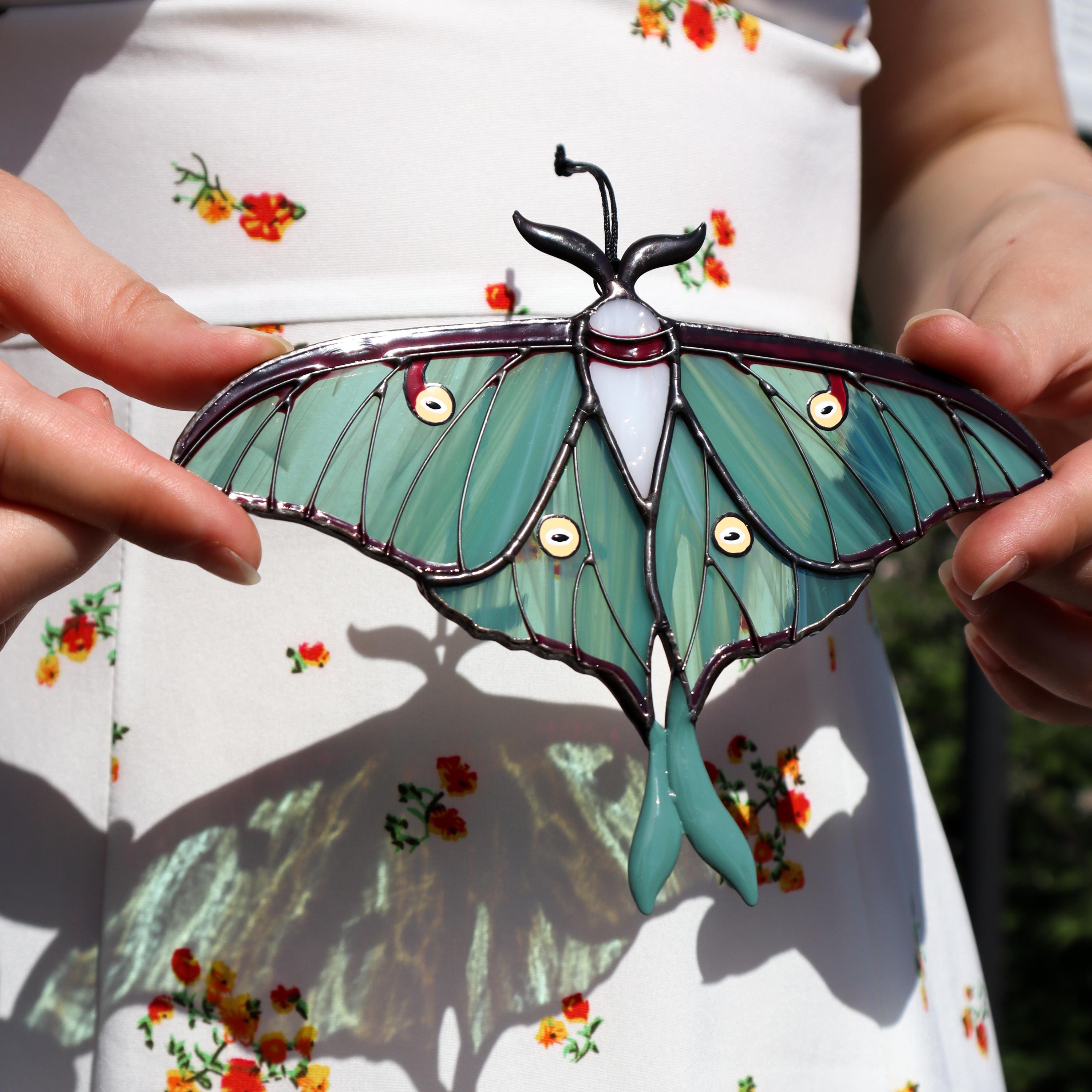 SunStainedGlassUA Luna Moth Stained Glass Suncatcher 6in Handmade