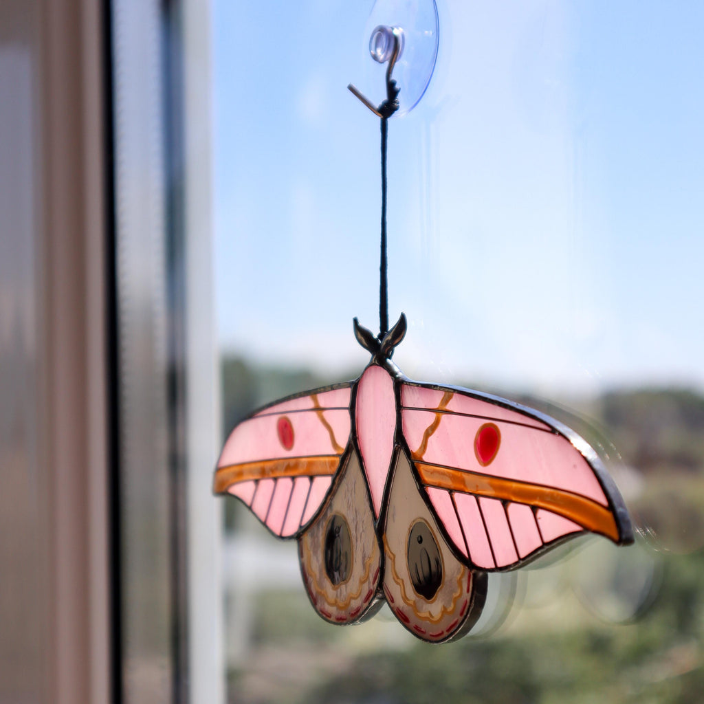 SunStainedGlassUA Pink Moth Stained Glass Suncatcher 6in