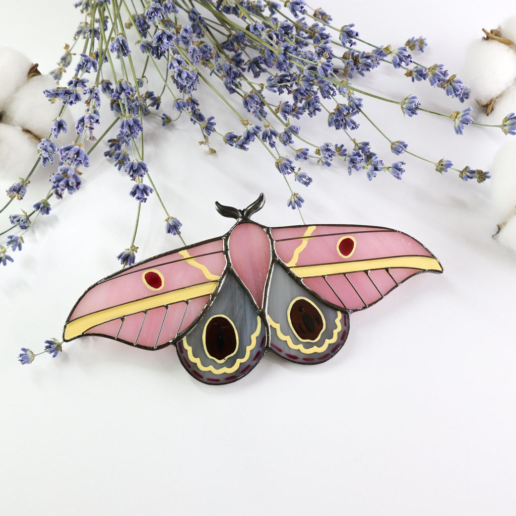 SunStainedGlassUA Pink Moth Stained Glass Suncatcher 6in