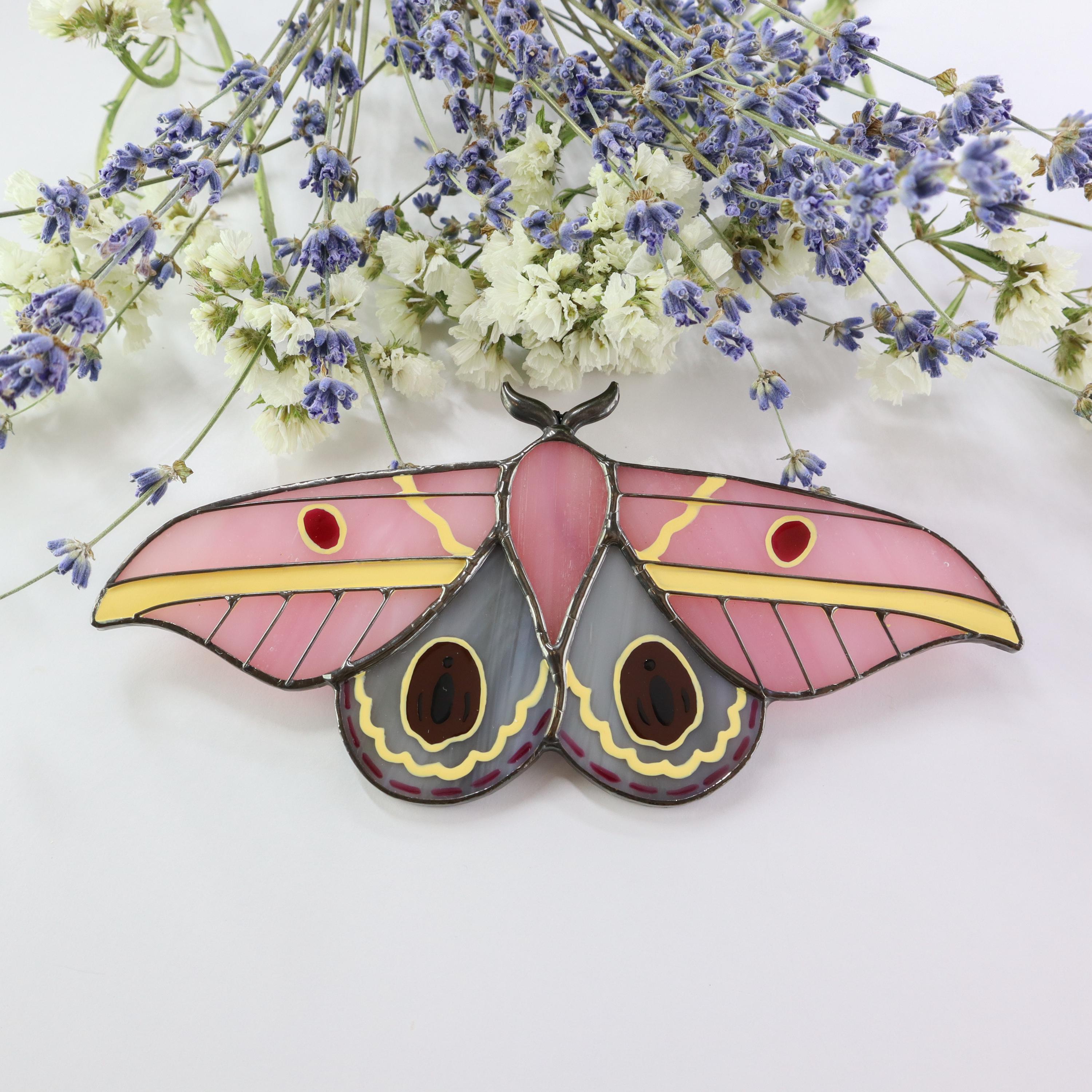 SunStainedGlassUA Pink Moth Stained Glass Suncatcher 6in