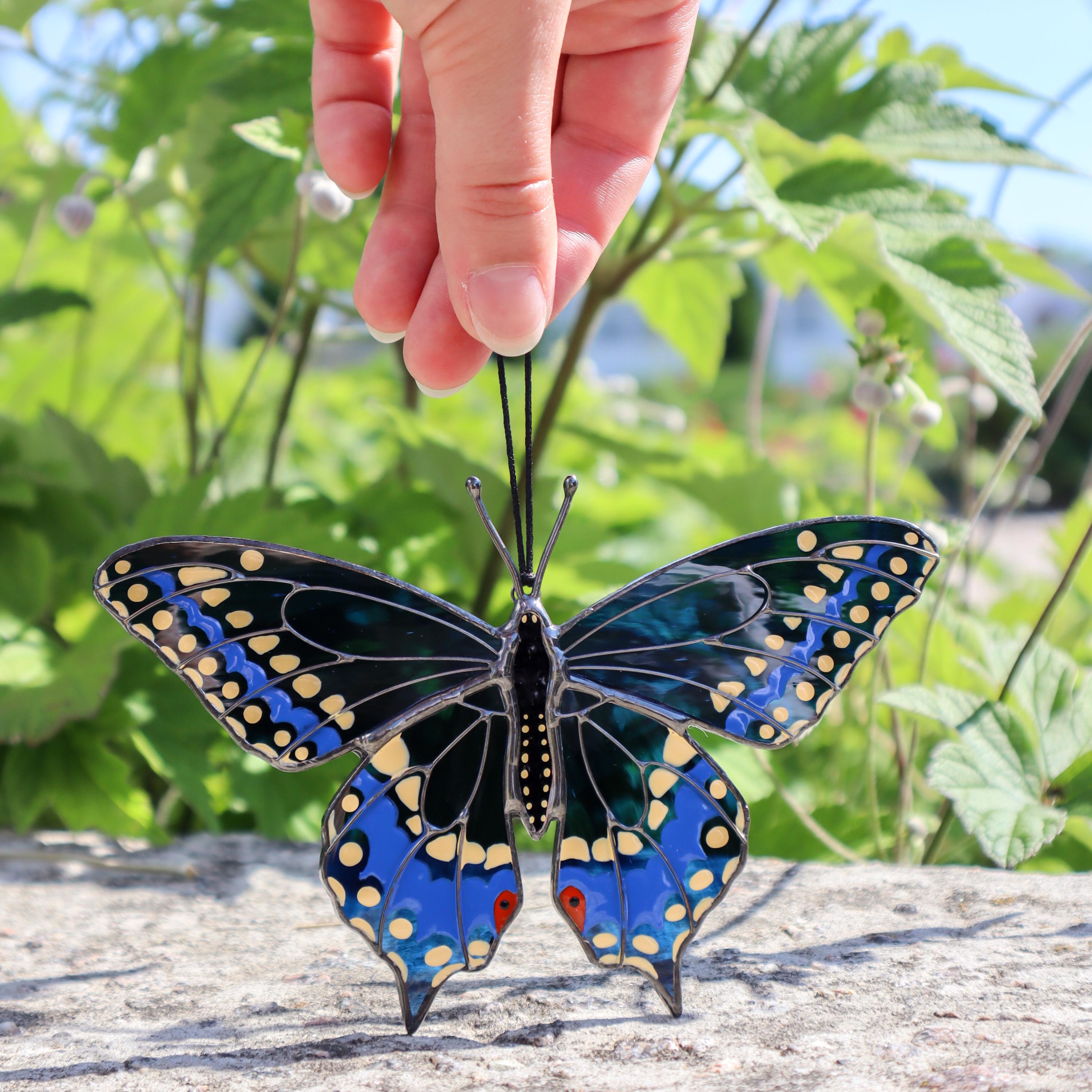 SunStainedGlassUA Black Swallowtail Butterfly Stained Glass Suncatcher 5.6in