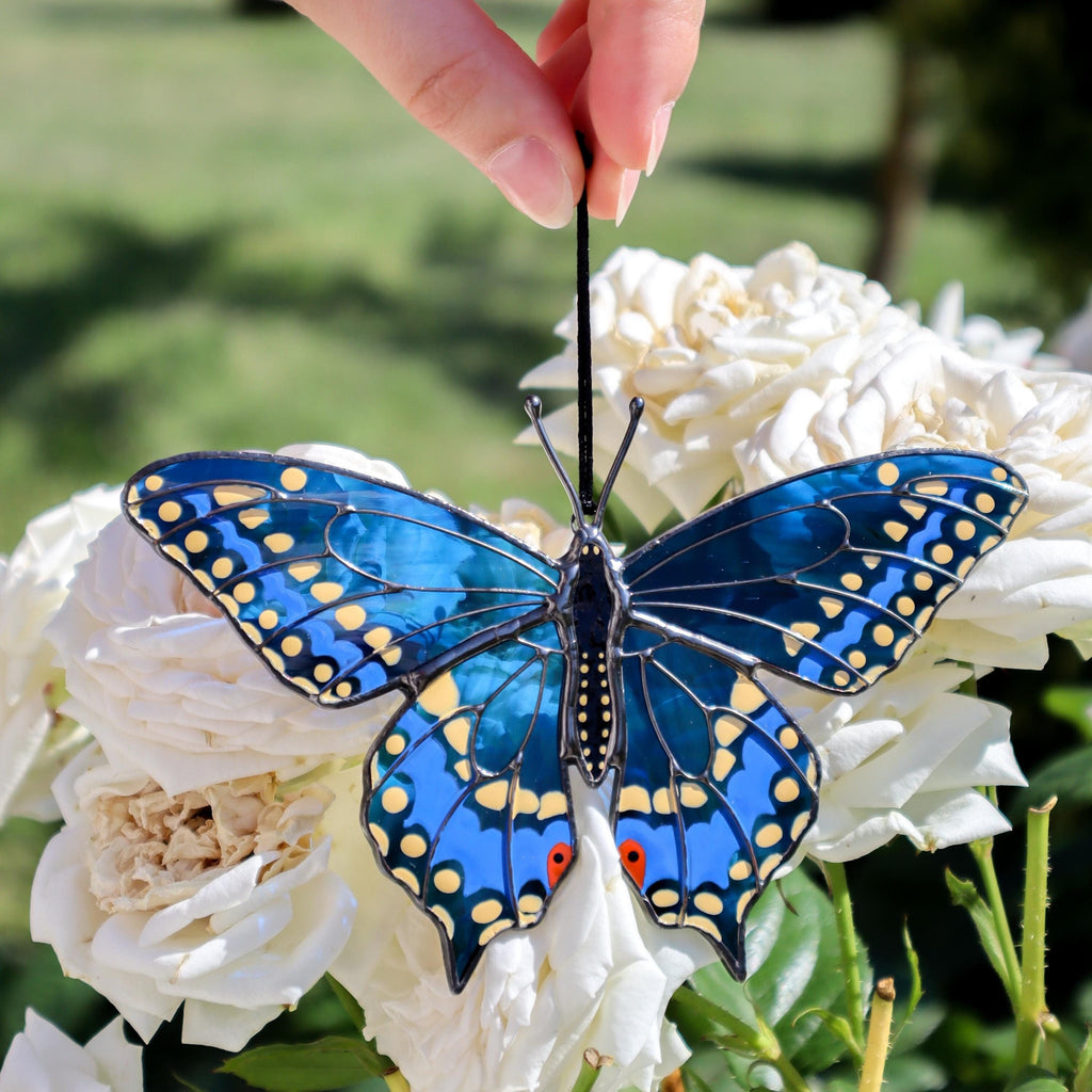 SunStainedGlassUA Black Swallowtail Butterfly Stained Glass Suncatcher 5.6in