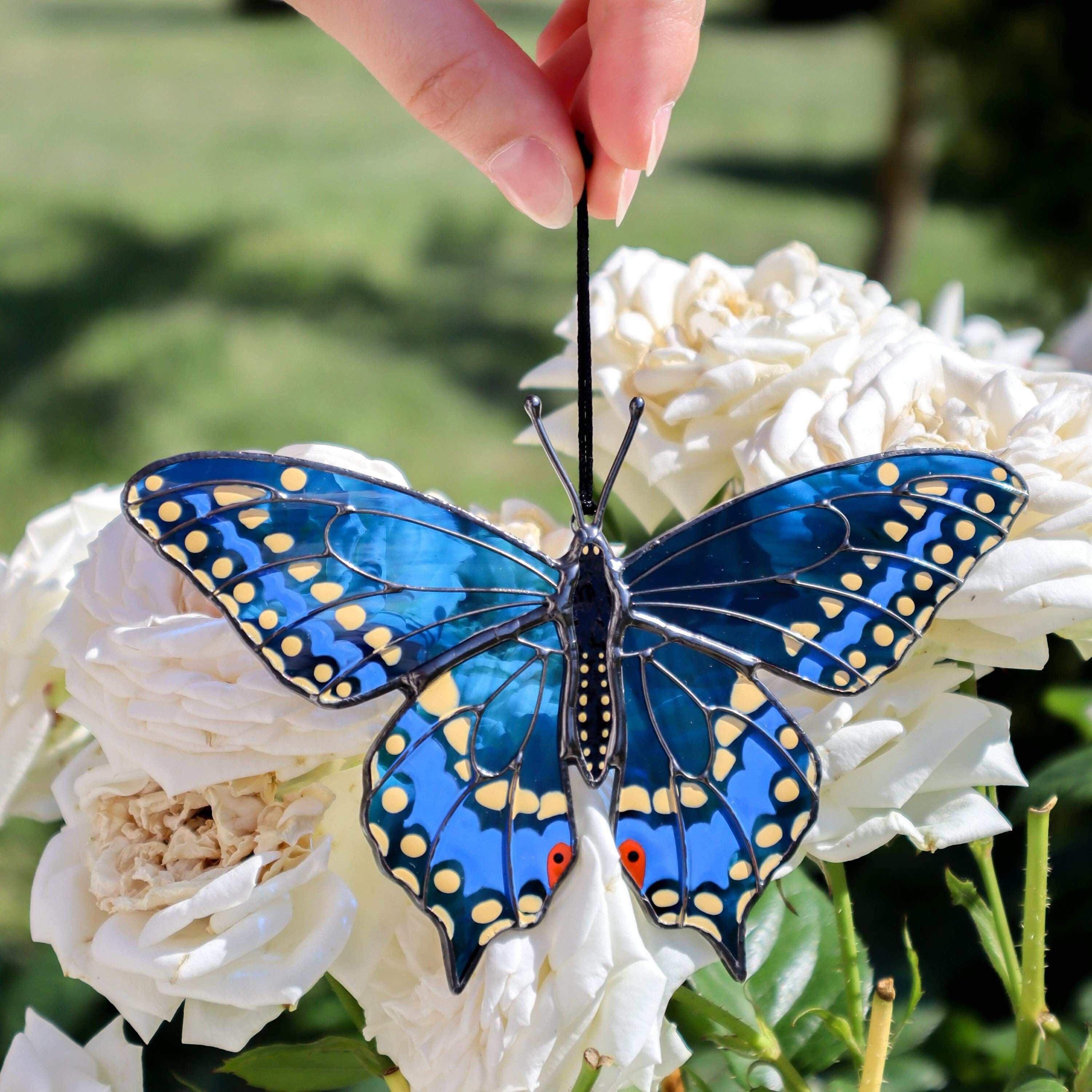 SunStainedGlassUA Black Swallowtail Butterfly Stained Glass Suncatcher 5.6in