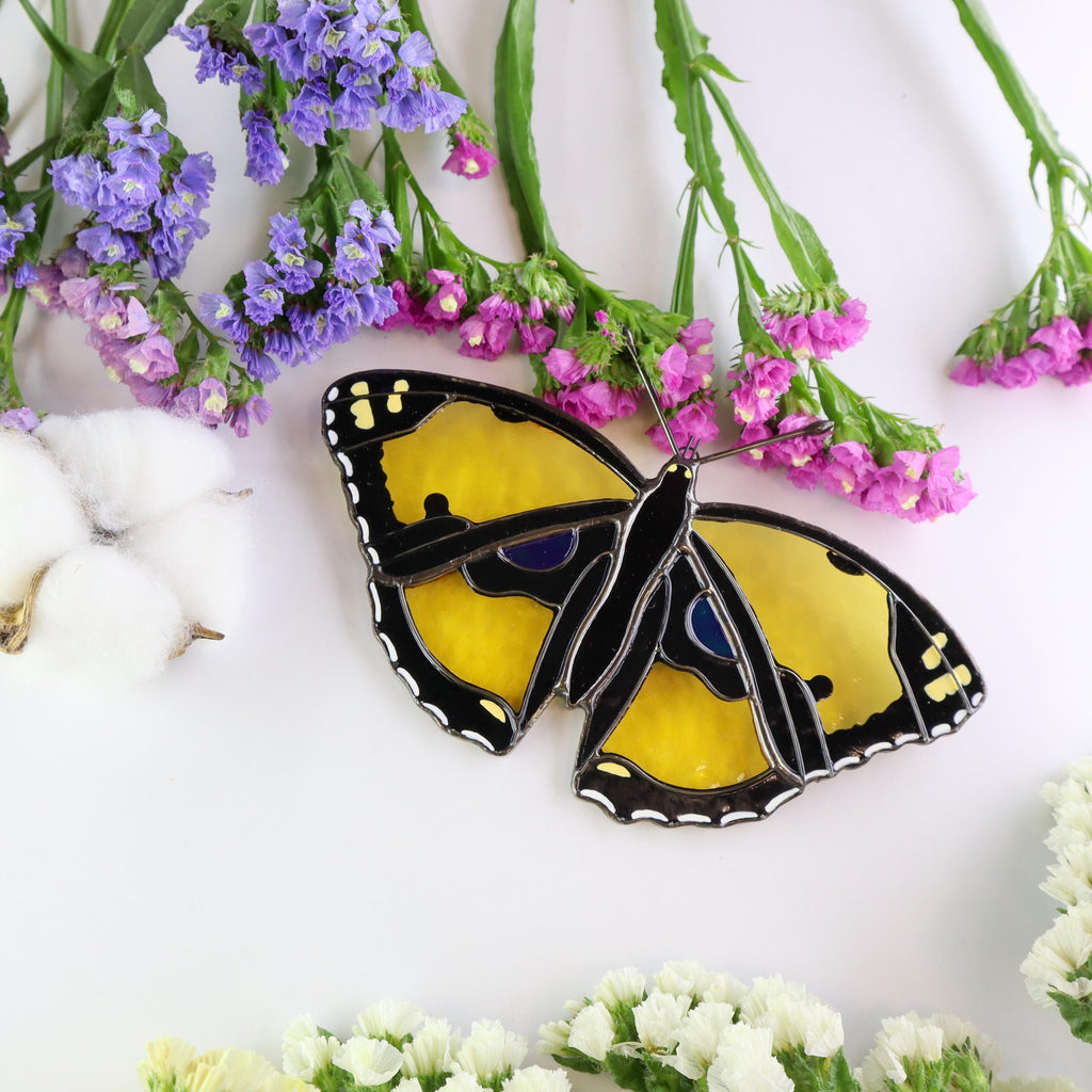 SunStainedGlassUA Handmade Stained Glass Butterfly Suncatcher Yellow Pansy