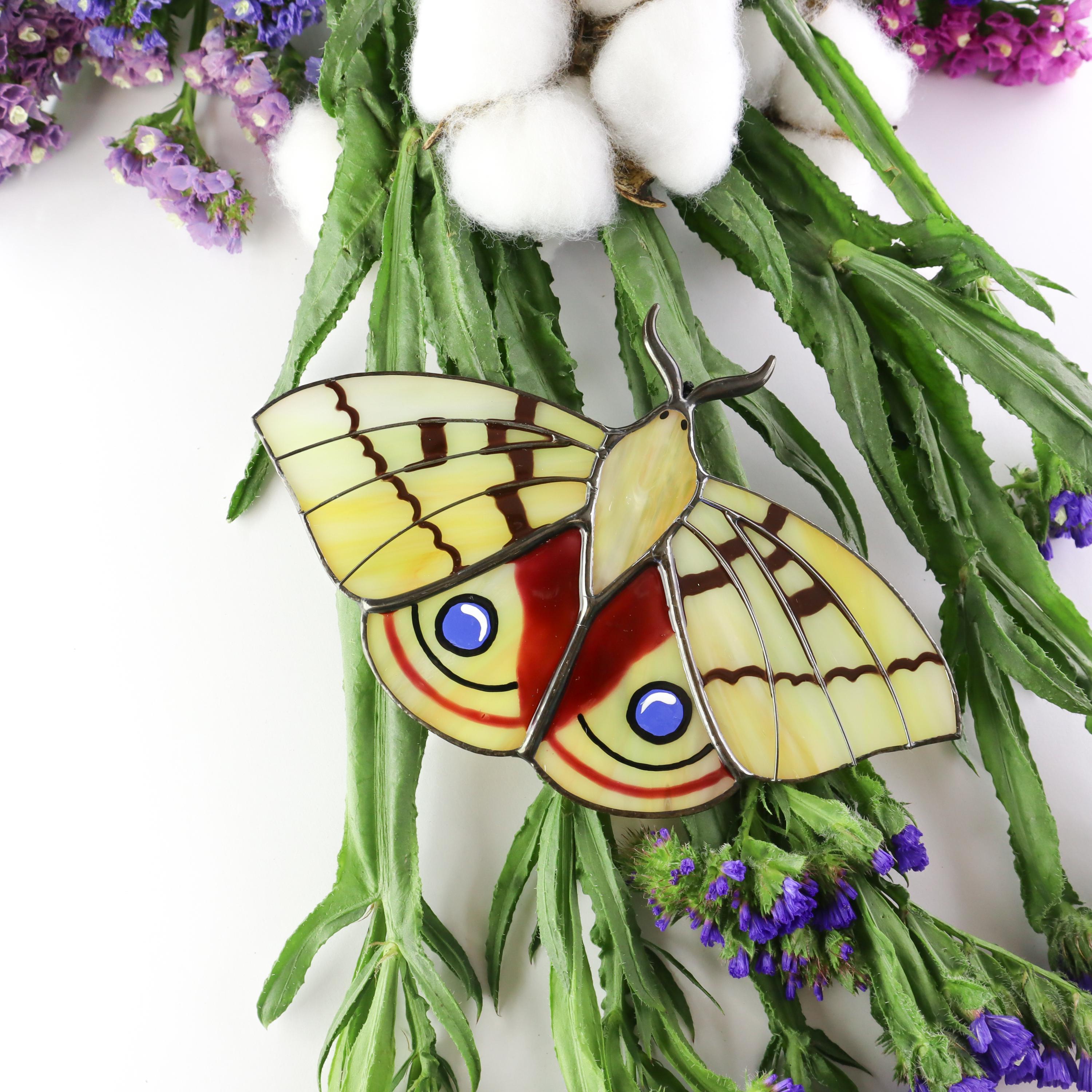 SunStainedGlassUA Peacock Moth Butterfly Suncatcher Stained Glass Window Hanging