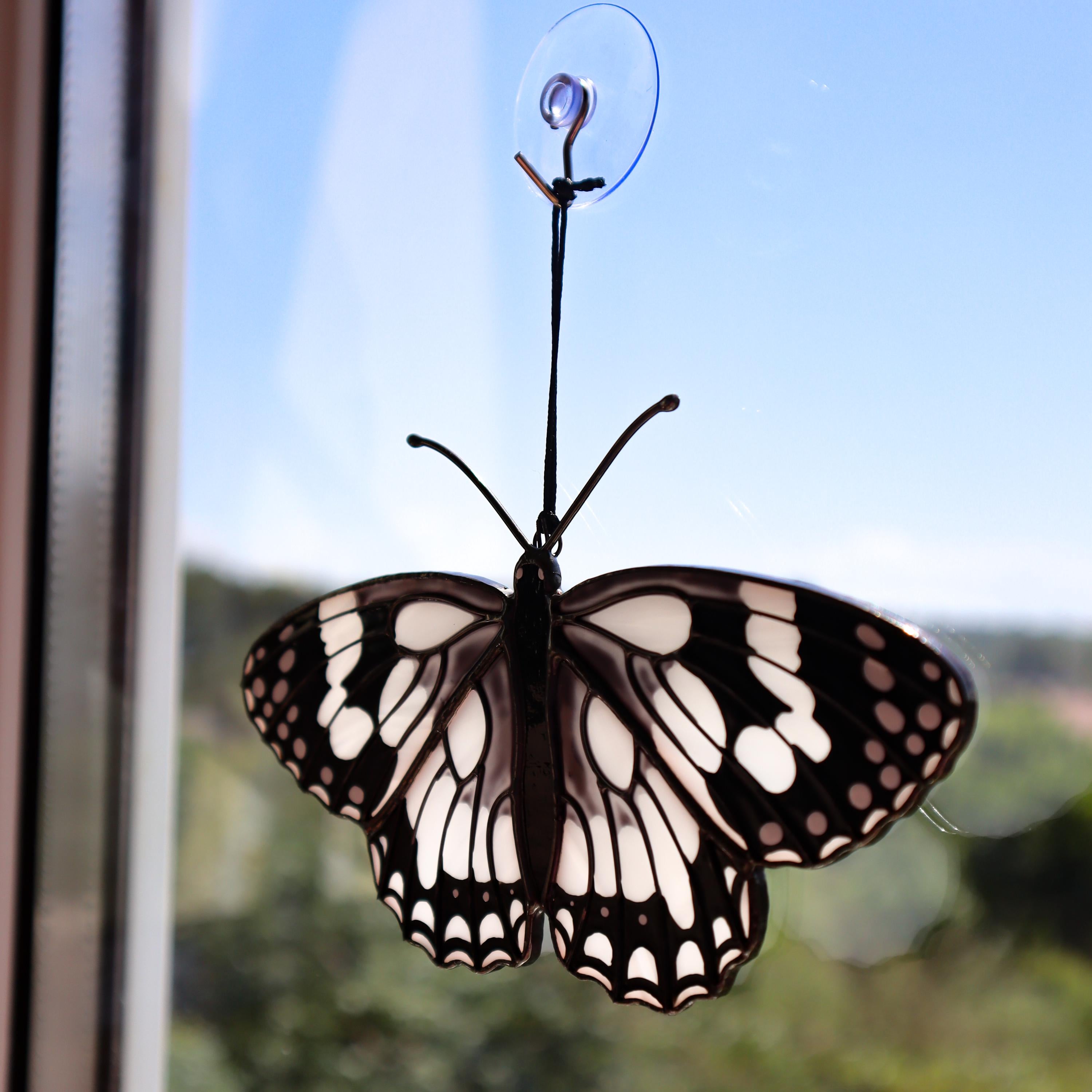 SunStainedGlassUA Marbled White Stained Glass Butterfly Suncatcher