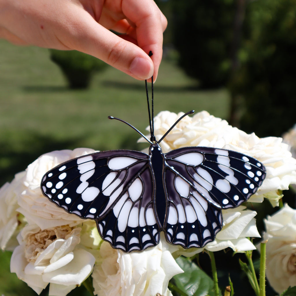 SunStainedGlassUA Marbled White Stained Glass Butterfly Suncatcher