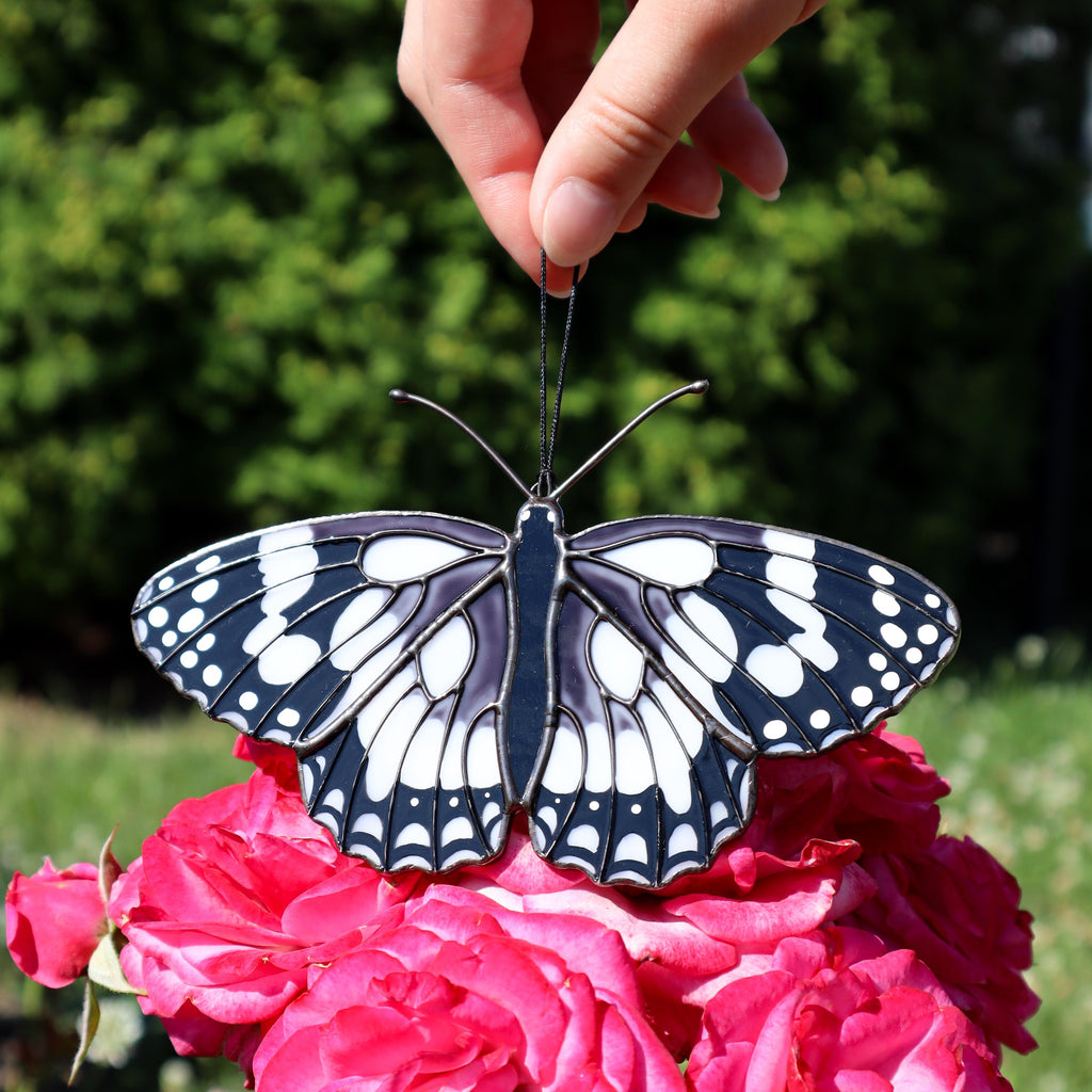 SunStainedGlassUA Marbled White Stained Glass Butterfly Suncatcher