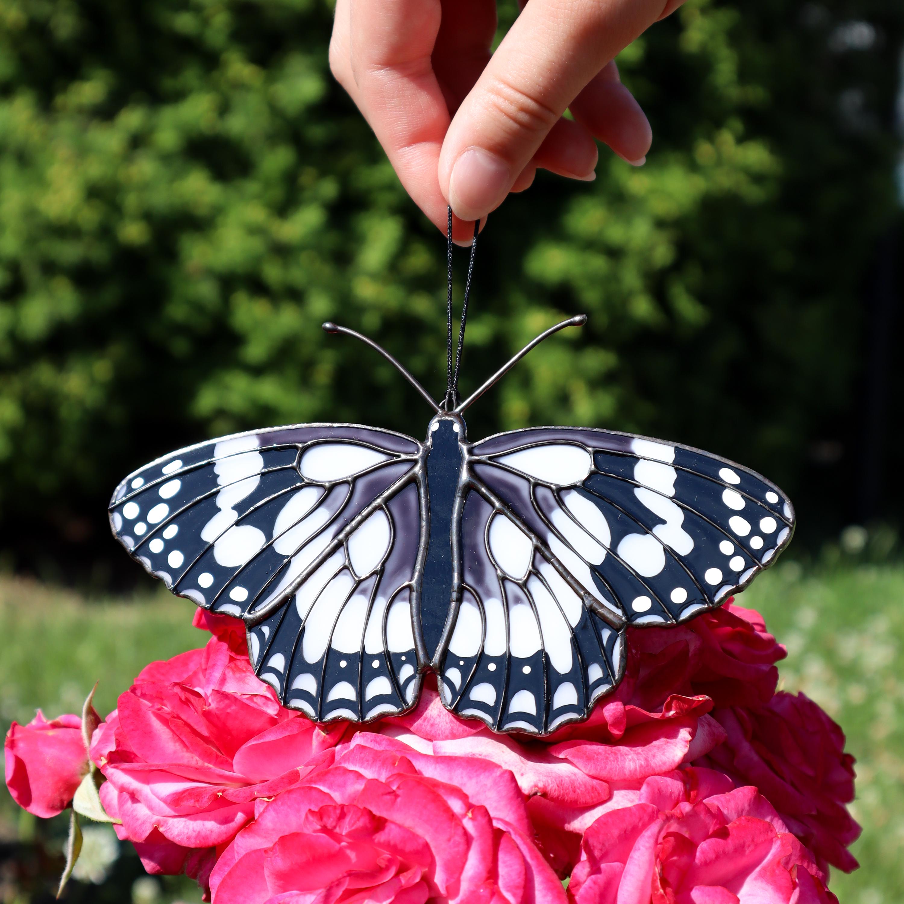 SunStainedGlassUA Marbled White Stained Glass Butterfly Suncatcher