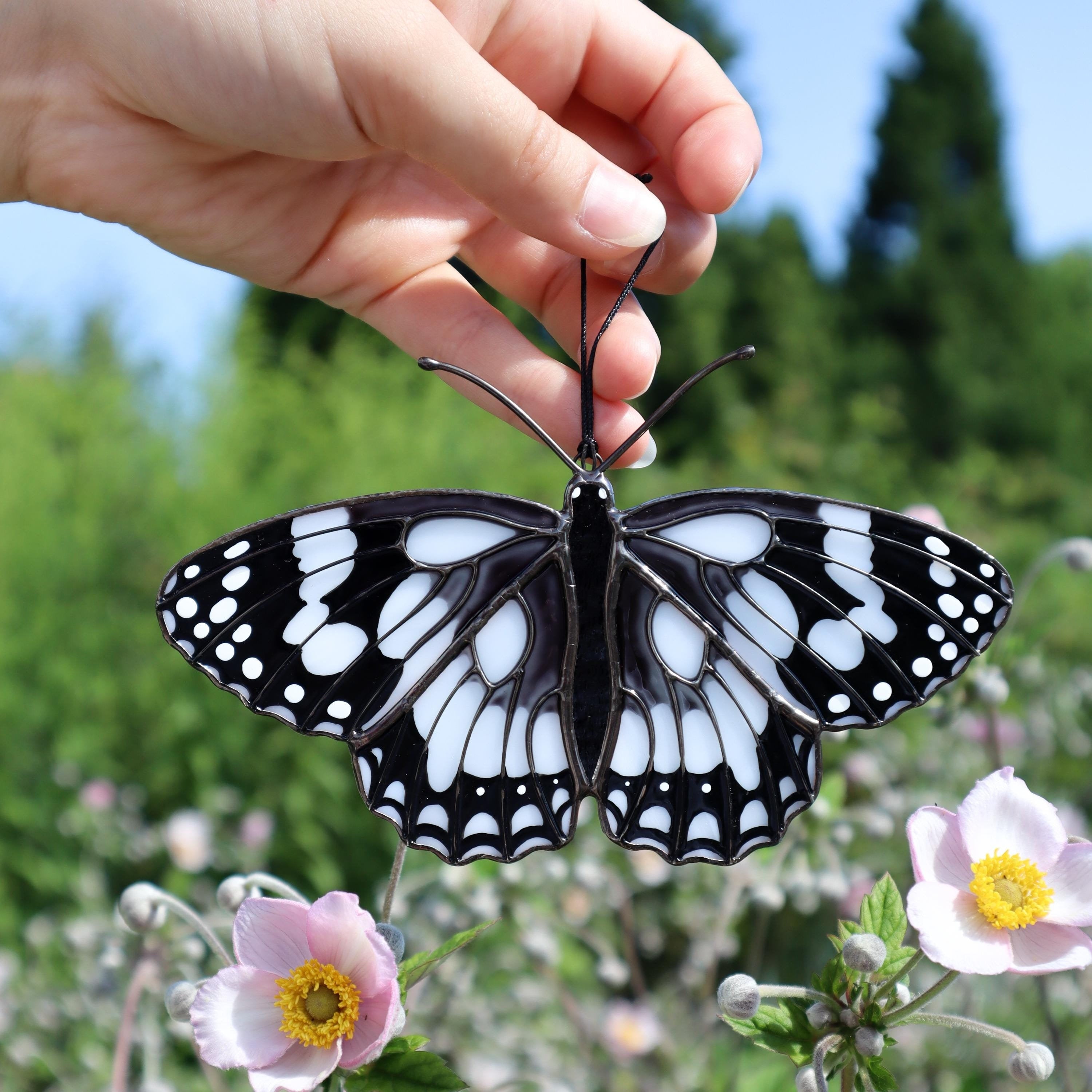 SunStainedGlassUA Marbled White Stained Glass Butterfly Suncatcher