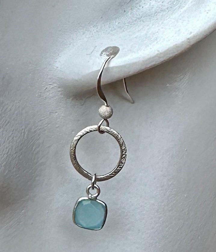 MossberryandStone Textured Sterling Silver Aqua Chalcedony Dangle Drop Earrings