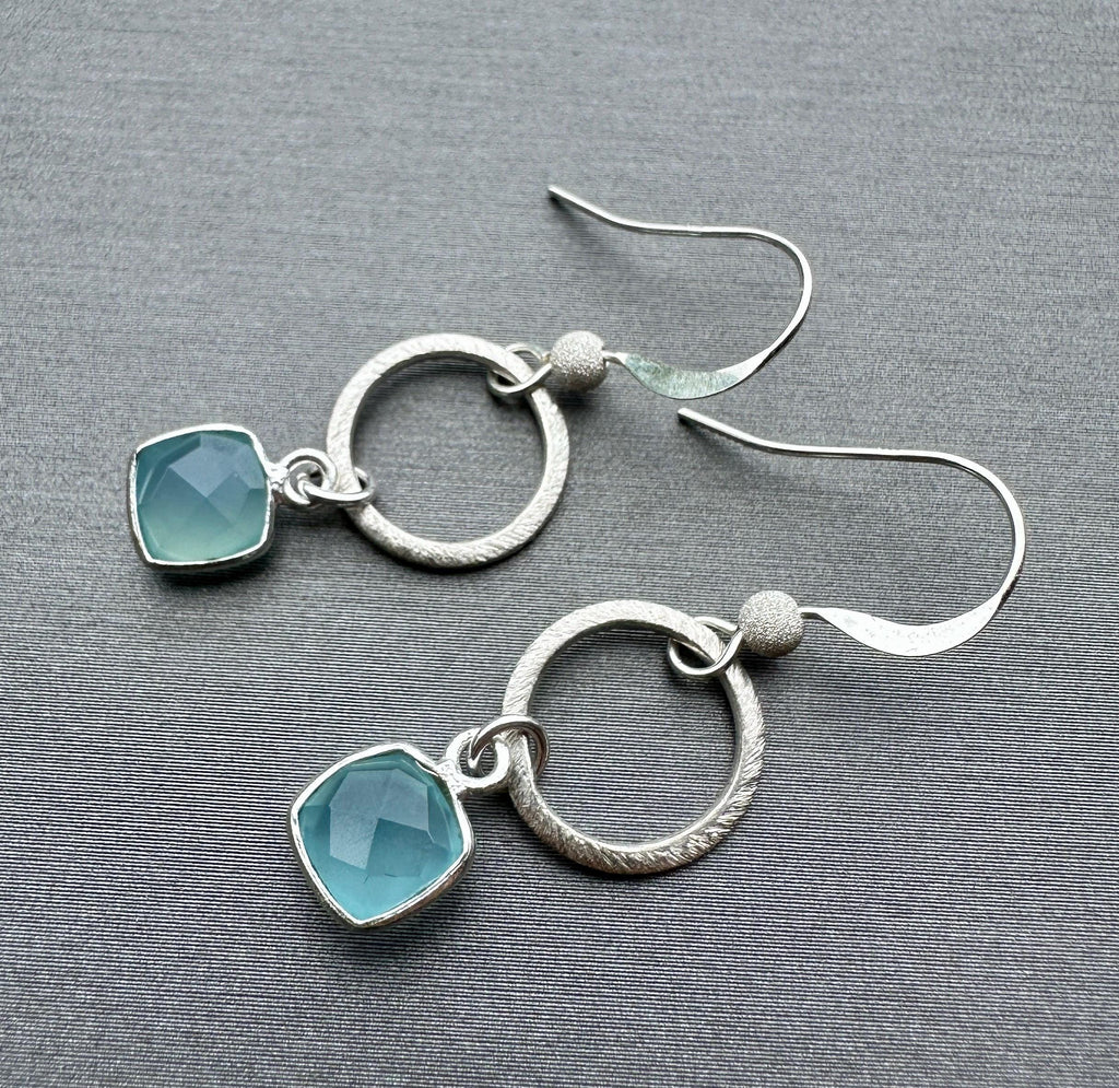 MossberryandStone Textured Sterling Silver Aqua Chalcedony Dangle Drop Earrings