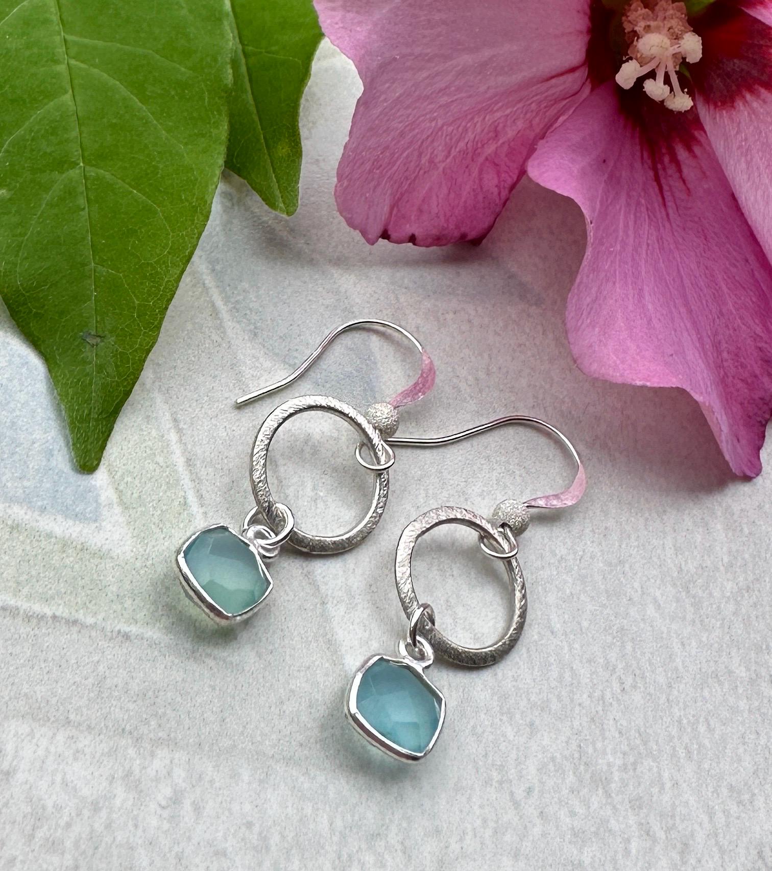 MossberryandStone Textured Sterling Silver Aqua Chalcedony Dangle Drop Earrings