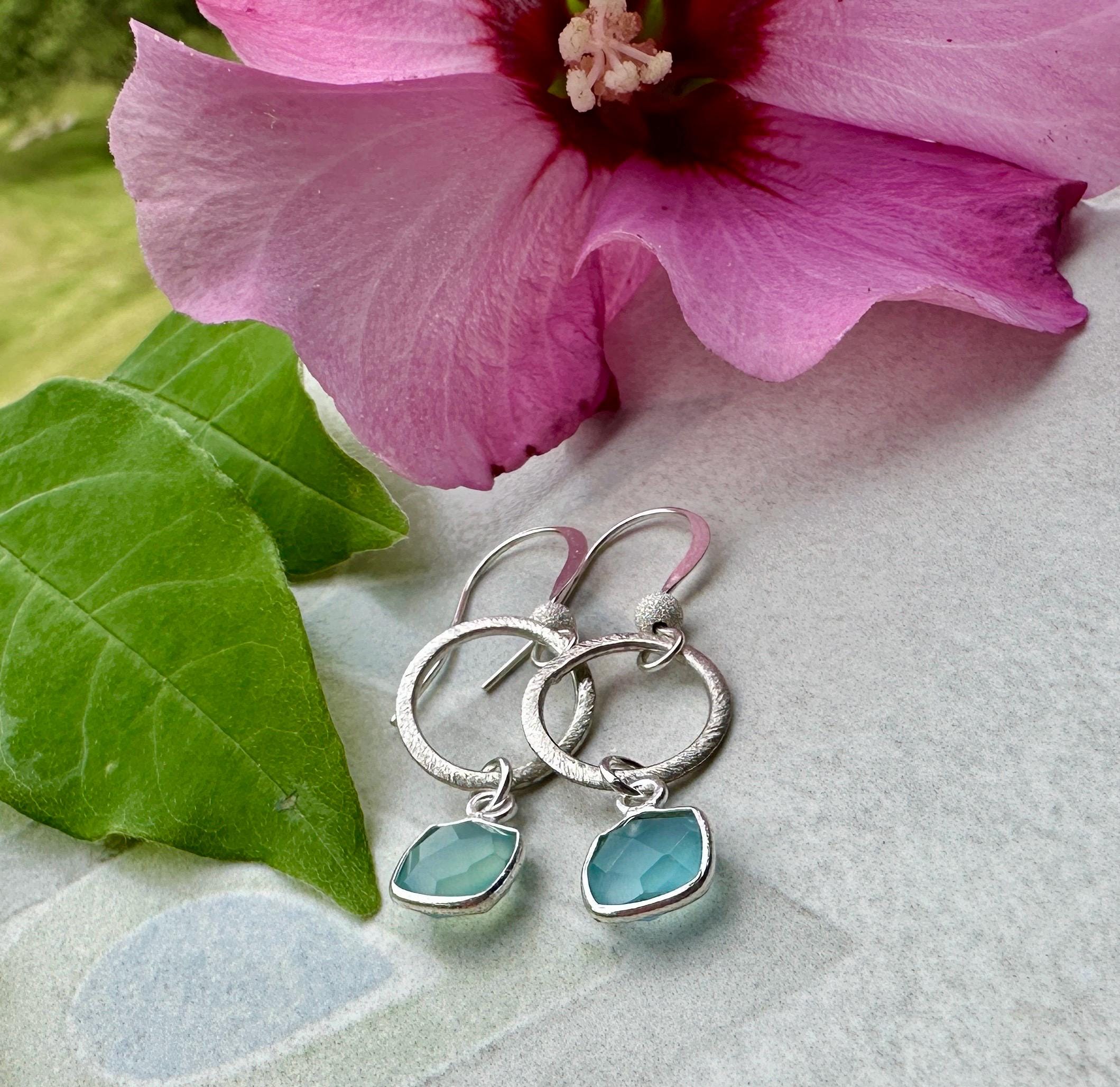 MossberryandStone Textured Sterling Silver Aqua Chalcedony Dangle Drop Earrings