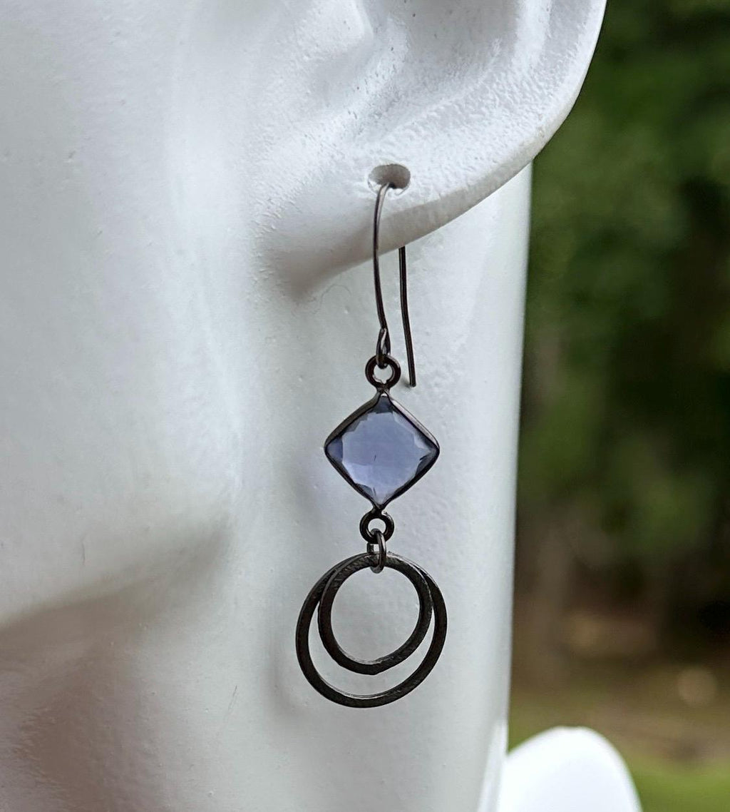 MossberryandStone Oxidized Sterling Silver Amethyst Geometric Circle Dangle Earrings
