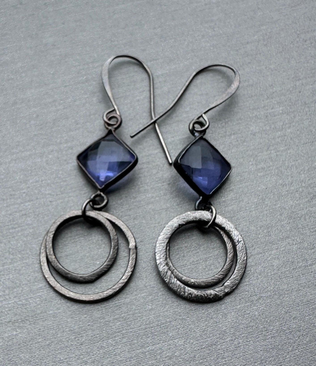 MossberryandStone Oxidized Sterling Silver Amethyst Geometric Circle Dangle Earrings