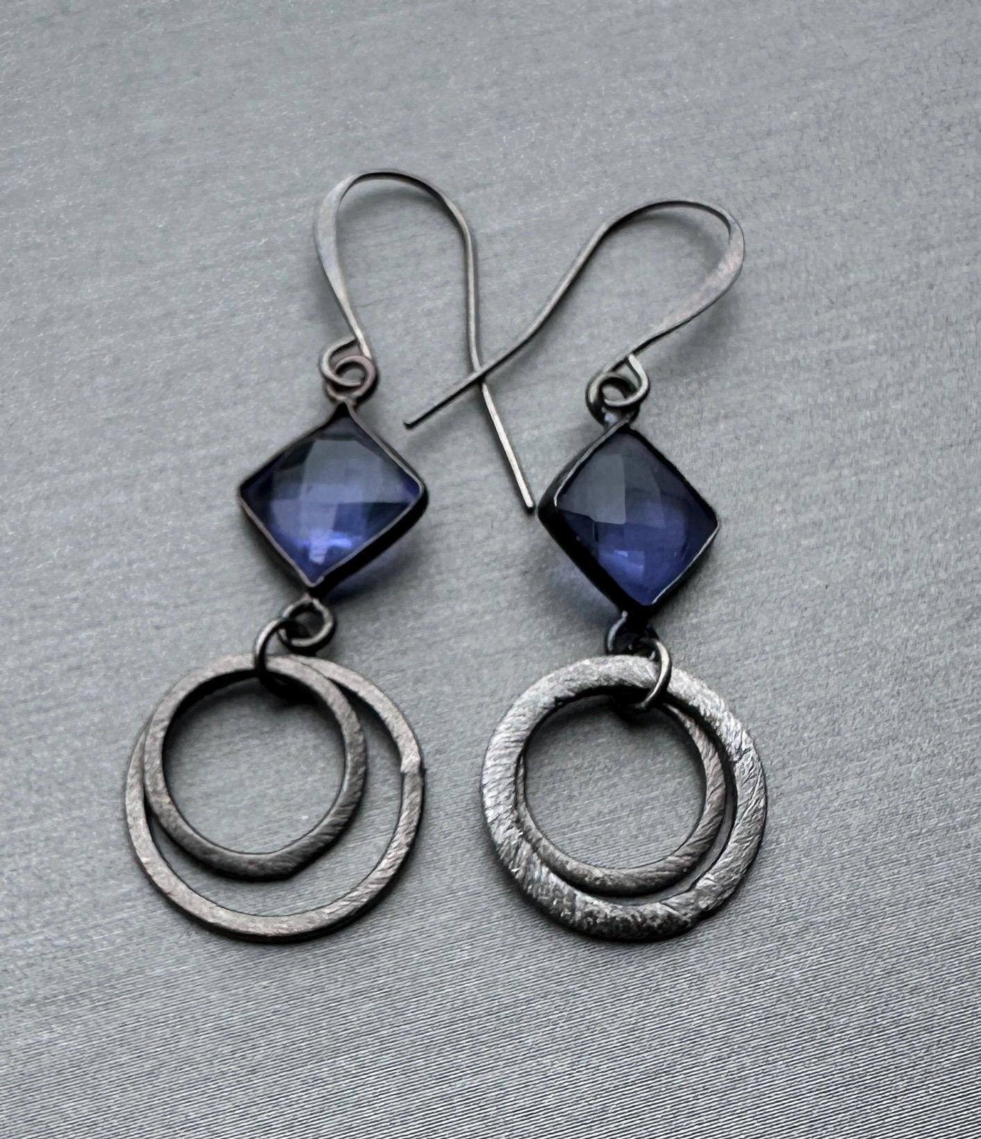 MossberryandStone Oxidized Sterling Silver Amethyst Geometric Circle Dangle Earrings