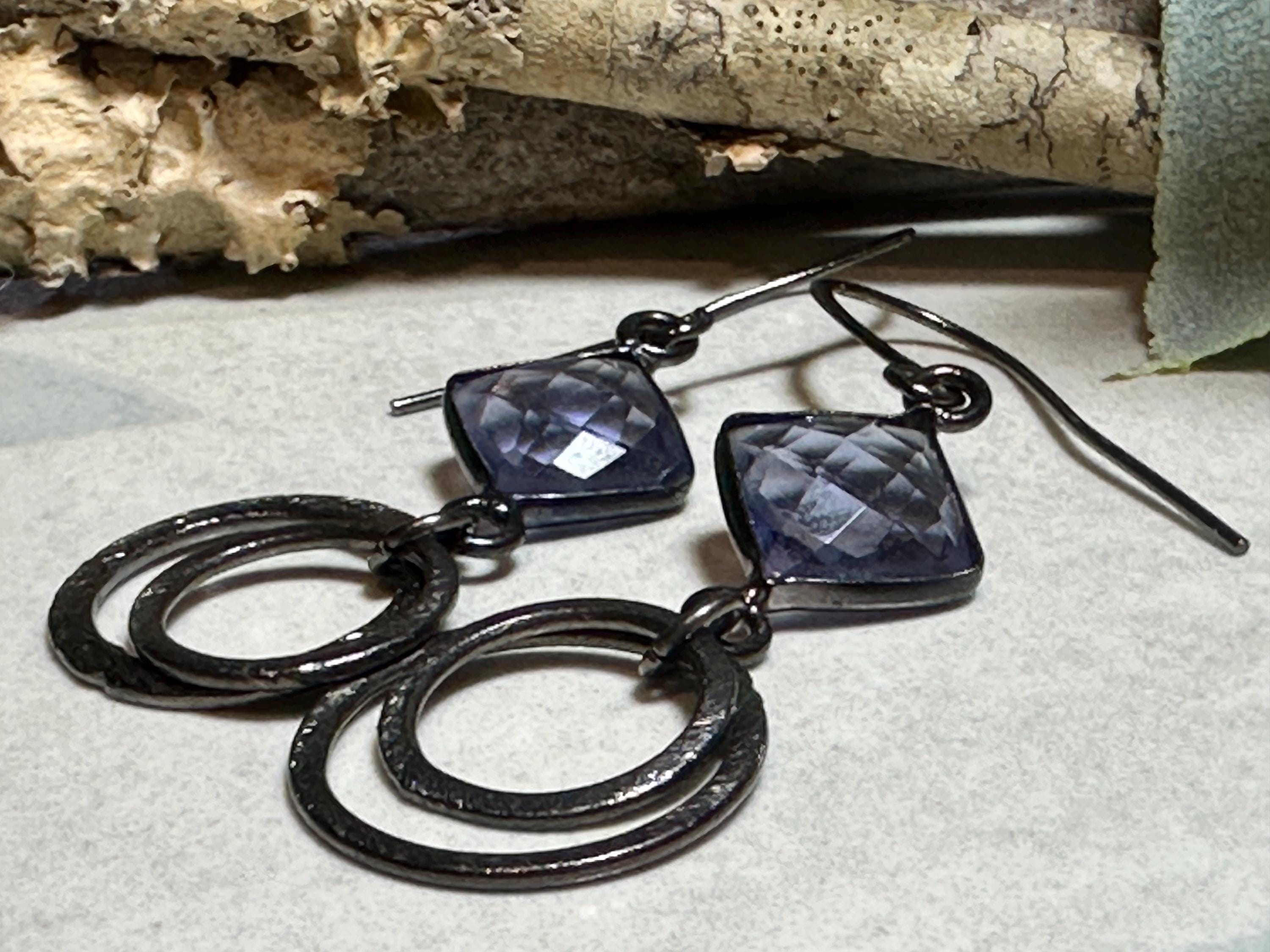 MossberryandStone Oxidized Sterling Silver Amethyst Geometric Circle Dangle Earrings