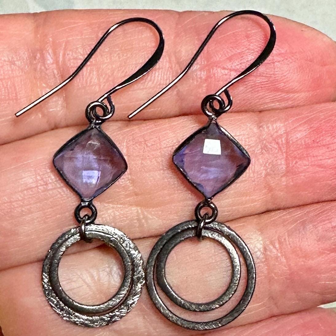 MossberryandStone Oxidized Sterling Silver Amethyst Geometric Circle Dangle Earrings