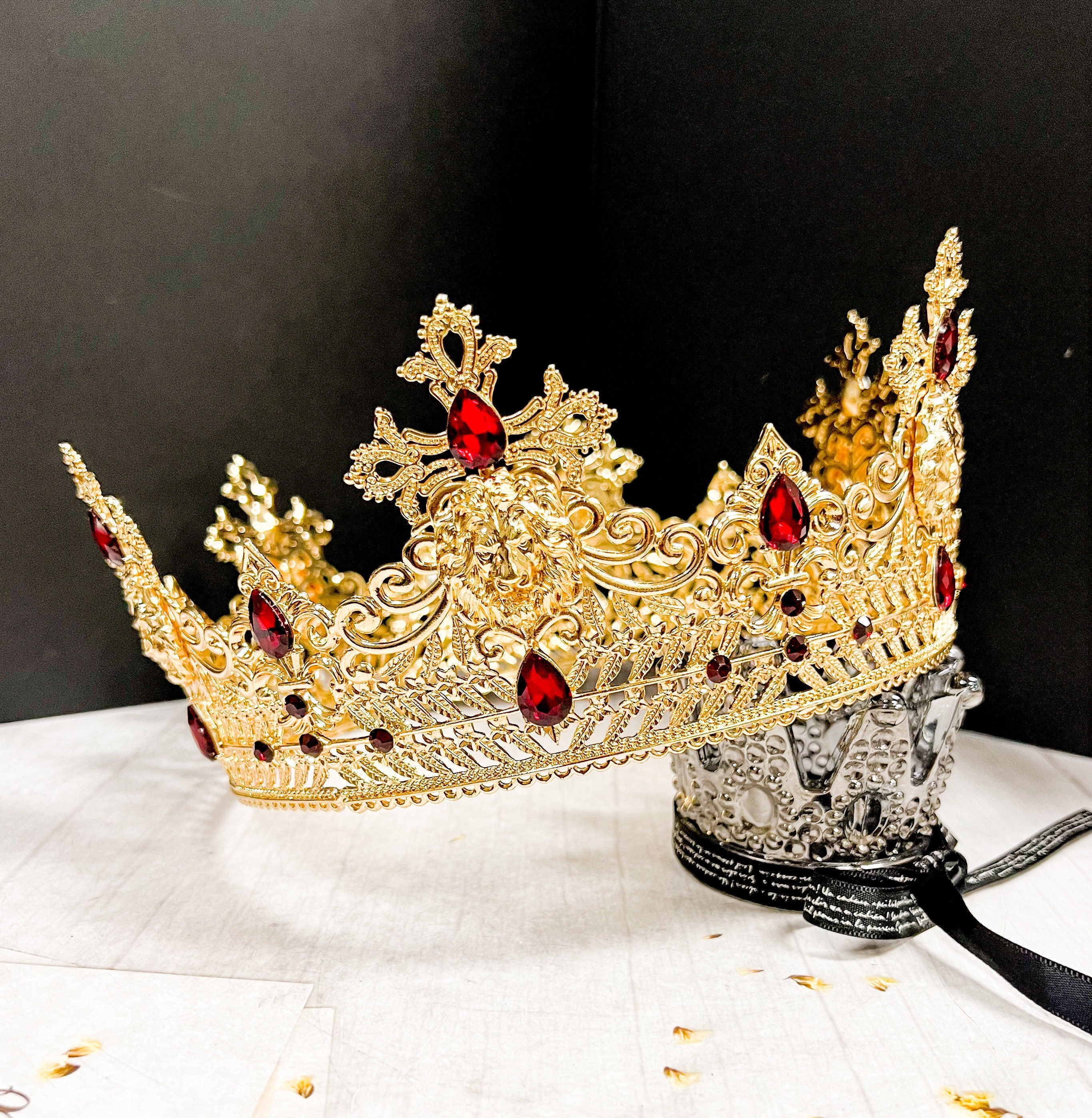Gold King Lion Crown with Red Crystal and Rhinestones