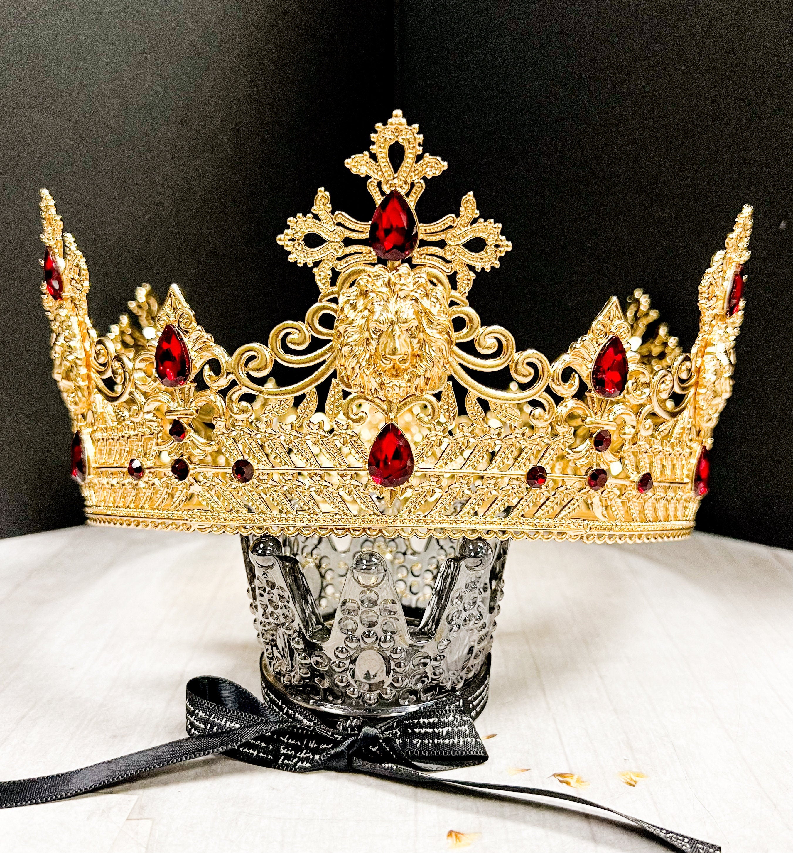 Gold King Lion Crown with Red Crystal and Rhinestones
