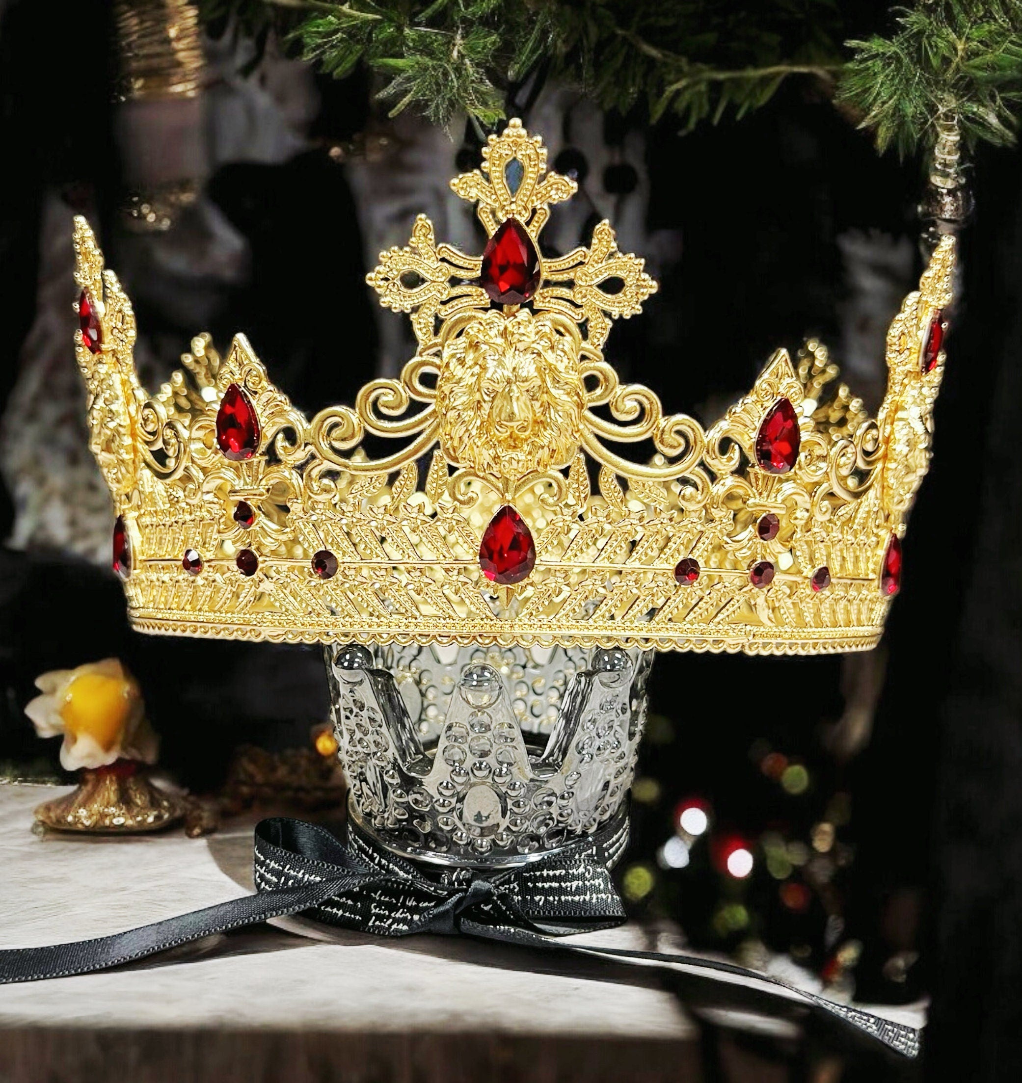 HappyJewelryWorld Gold King Lion Crown Red Crystal Prince Wedding Headpiece XL
