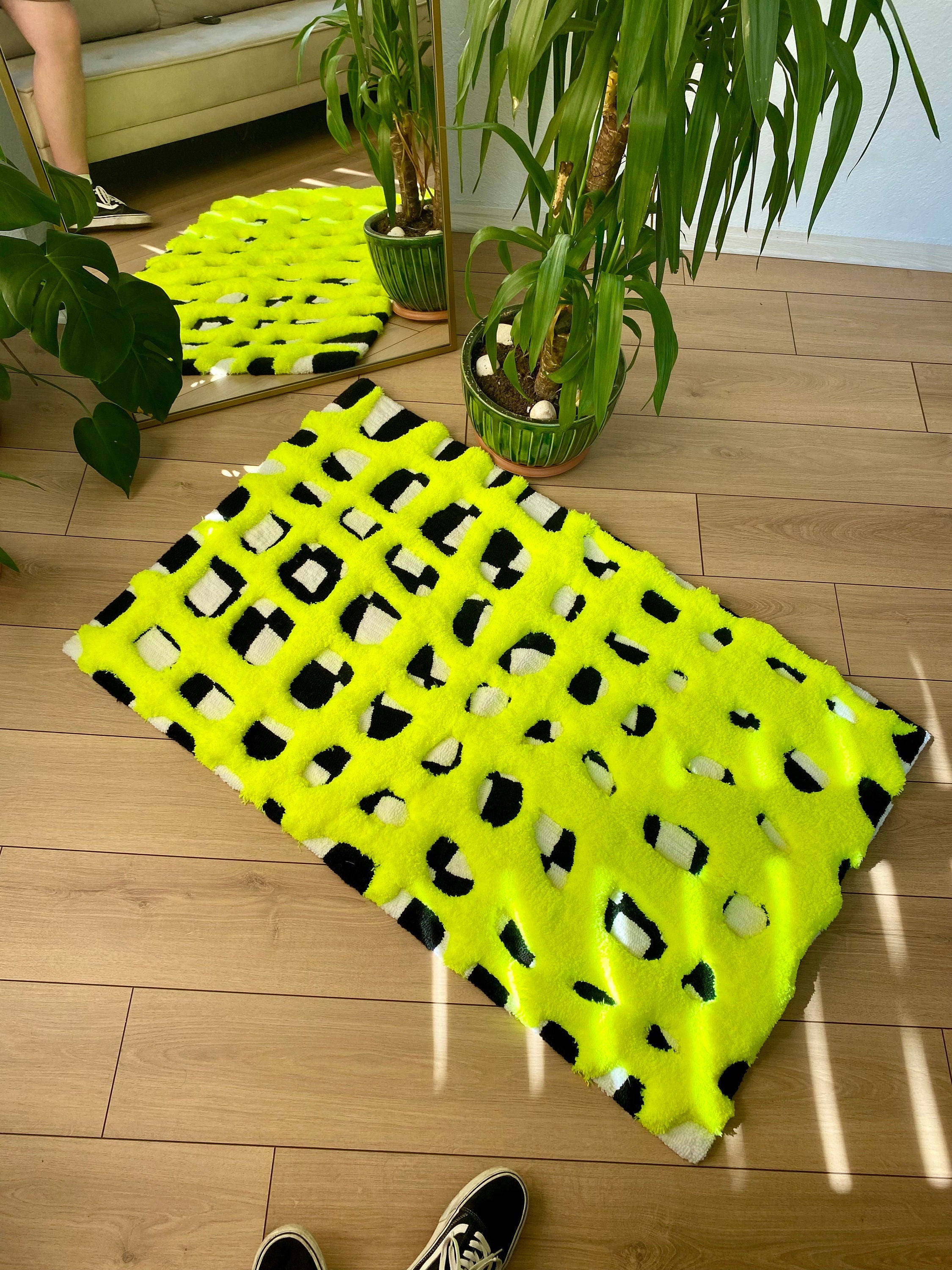 OrnnWorks 3D Neon Checkered Fluffy Handmade Tufted Rug Rainbow