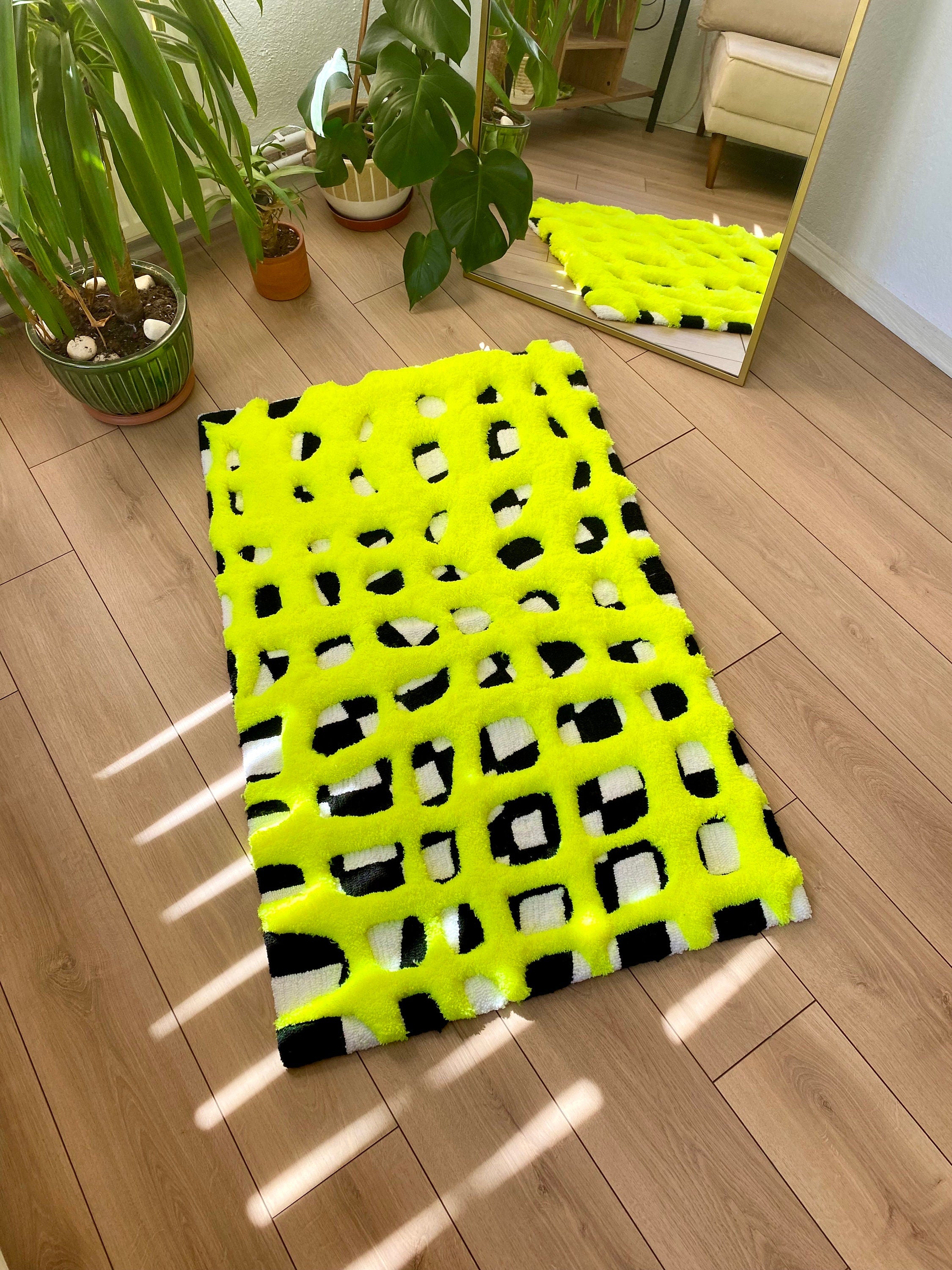 OrnnWorks 3D Neon Checkered Fluffy Handmade Tufted Rug Rainbow