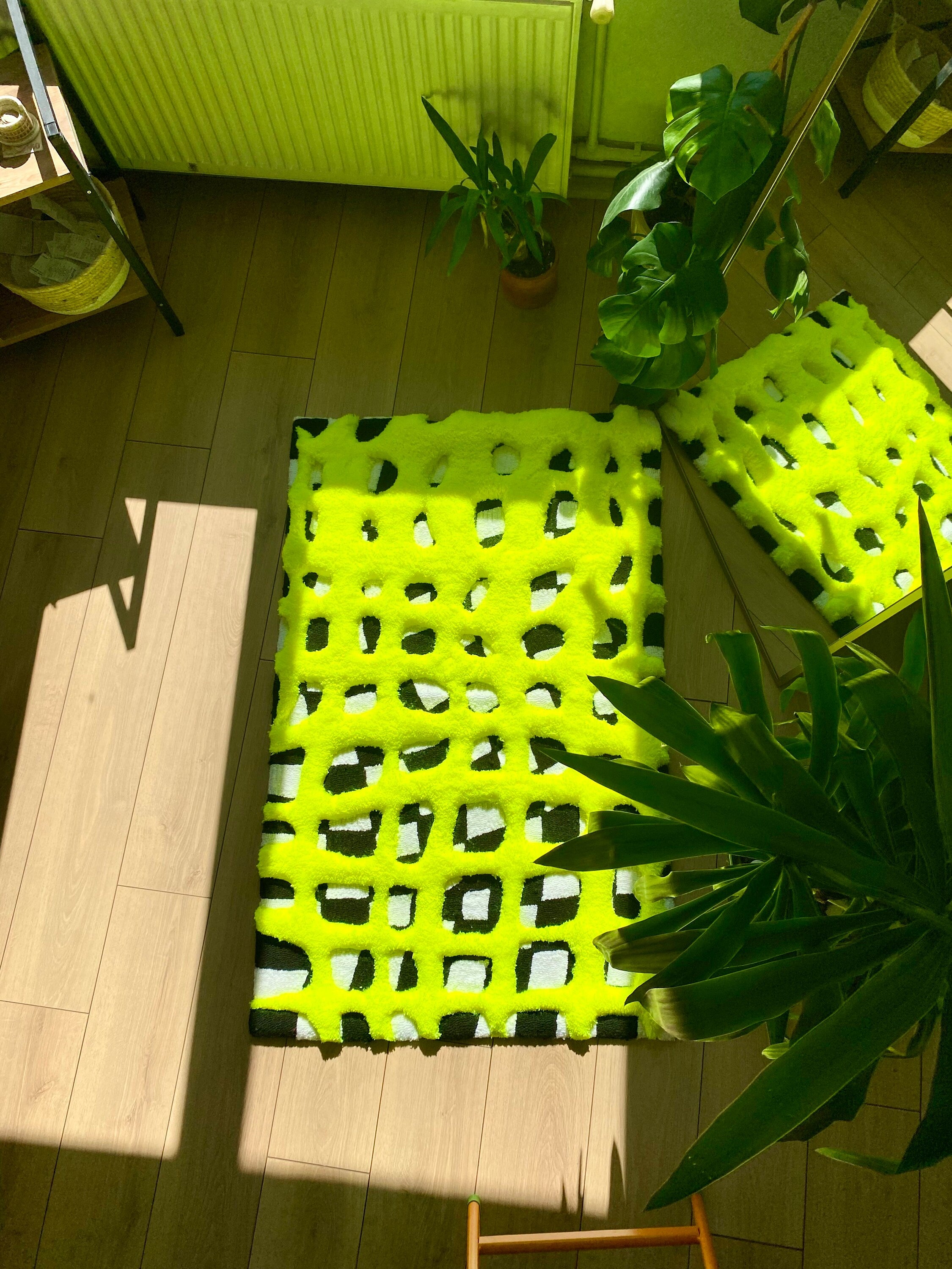 OrnnWorks 3D Neon Checkered Fluffy Handmade Tufted Rug Rainbow