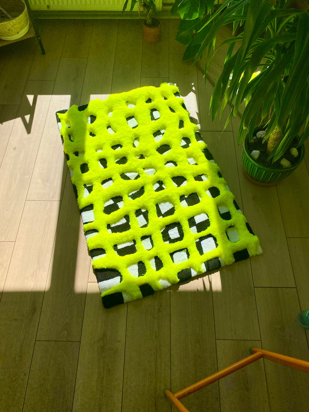 OrnnWorks 3D Neon Checkered Fluffy Handmade Tufted Rug Rainbow