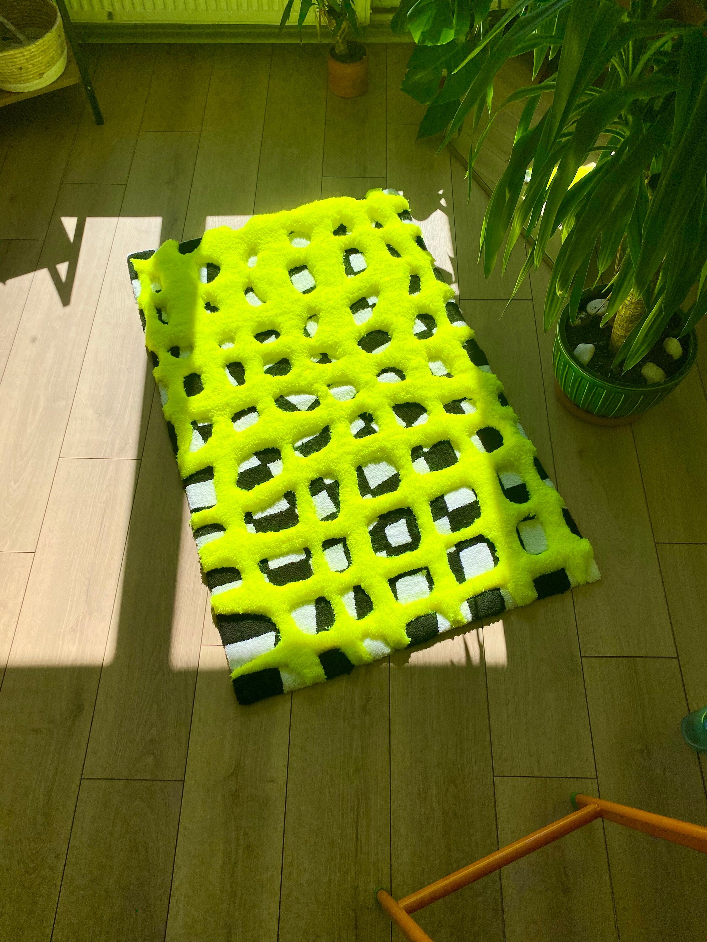 OrnnWorks 3D Neon Checkered Fluffy Handmade Tufted Rug Rainbow