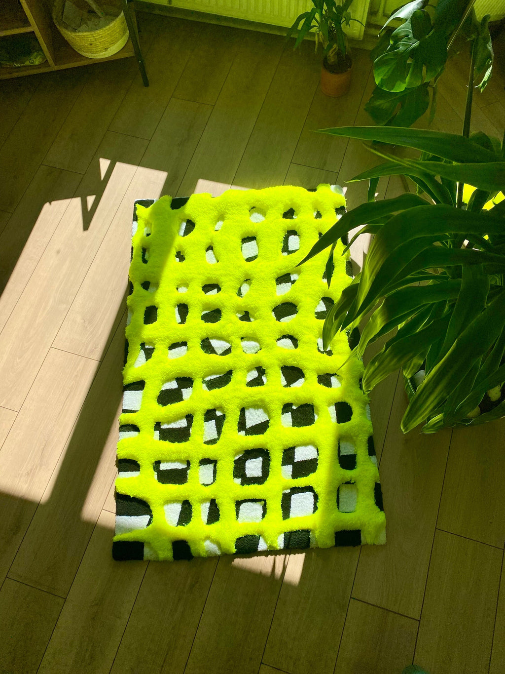 OrnnWorks 3D Neon Checkered Fluffy Handmade Tufted Rug Rainbow