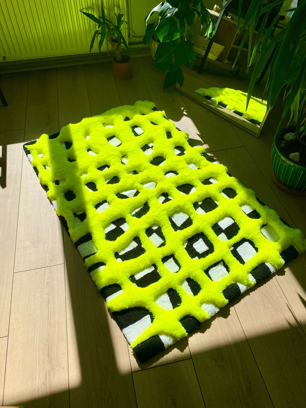 OrnnWorks 3D Neon Checkered Fluffy Handmade Tufted Rug Rainbow