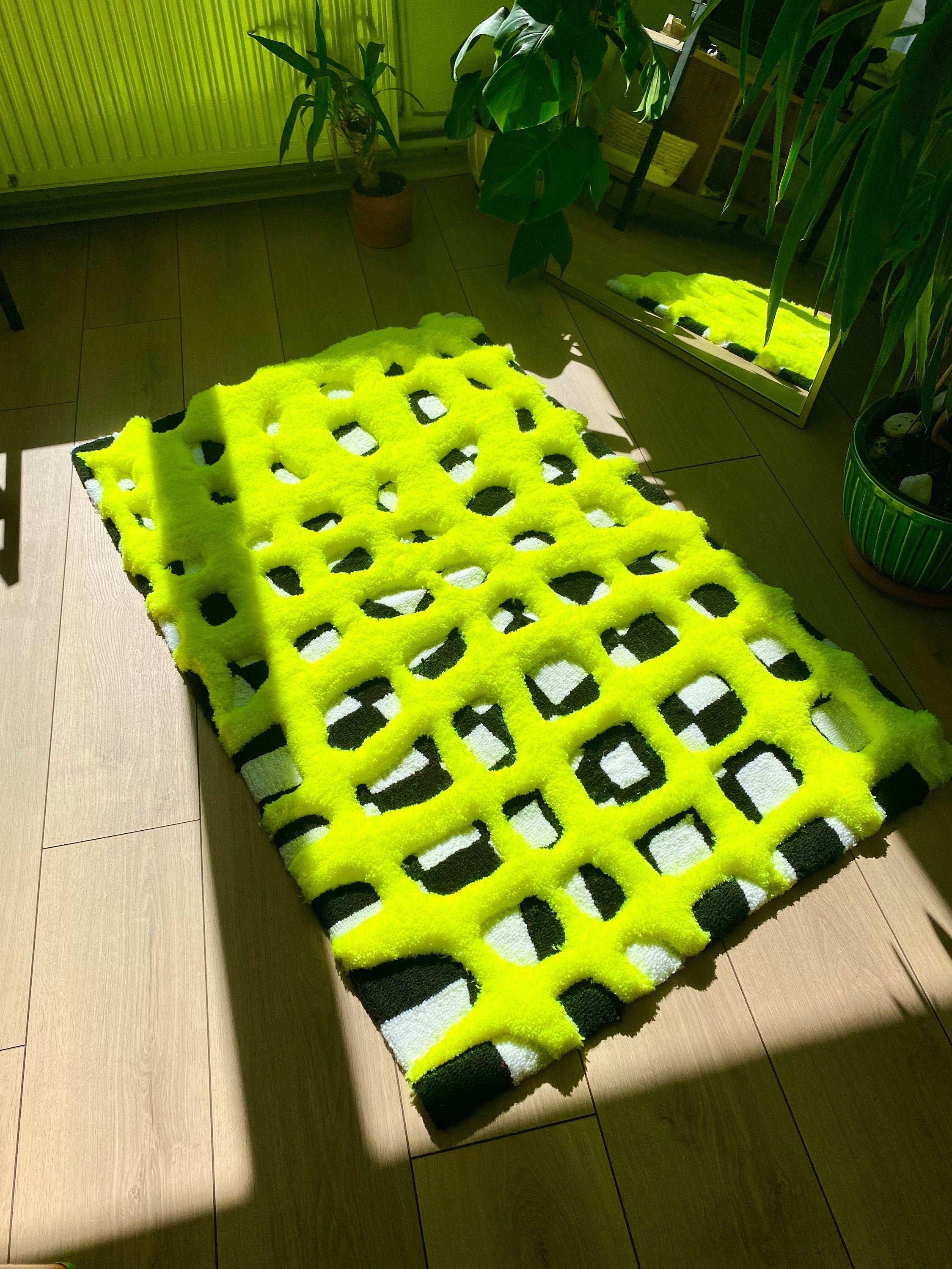 OrnnWorks 3D Neon Checkered Fluffy Handmade Tufted Rug Rainbow