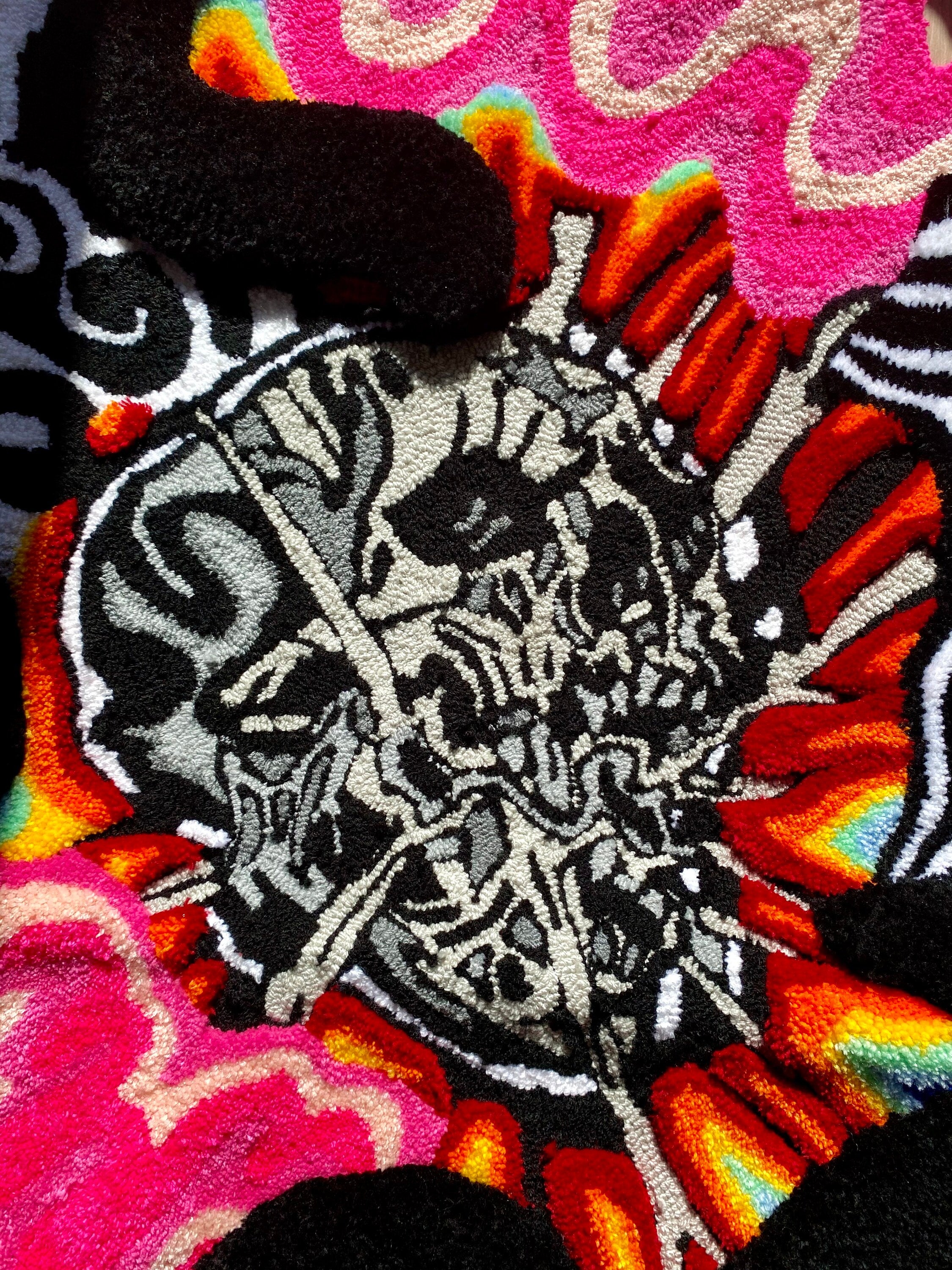 OrnnWorks Psychedelic Checkered Rainbow 3D Skull Fluffy Handmade Tufted Rug