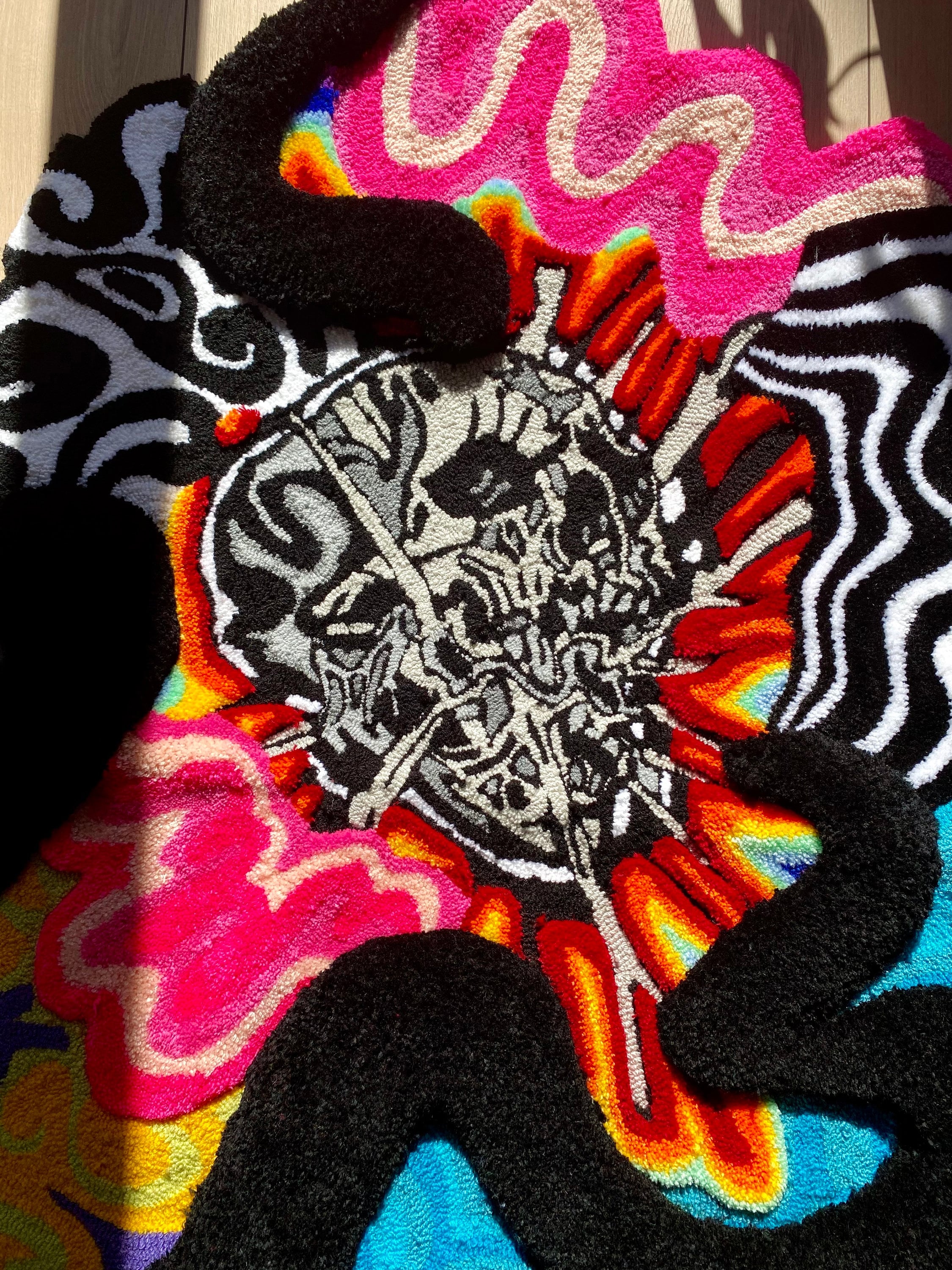 OrnnWorks Psychedelic Checkered Rainbow 3D Skull Fluffy Handmade Tufted Rug