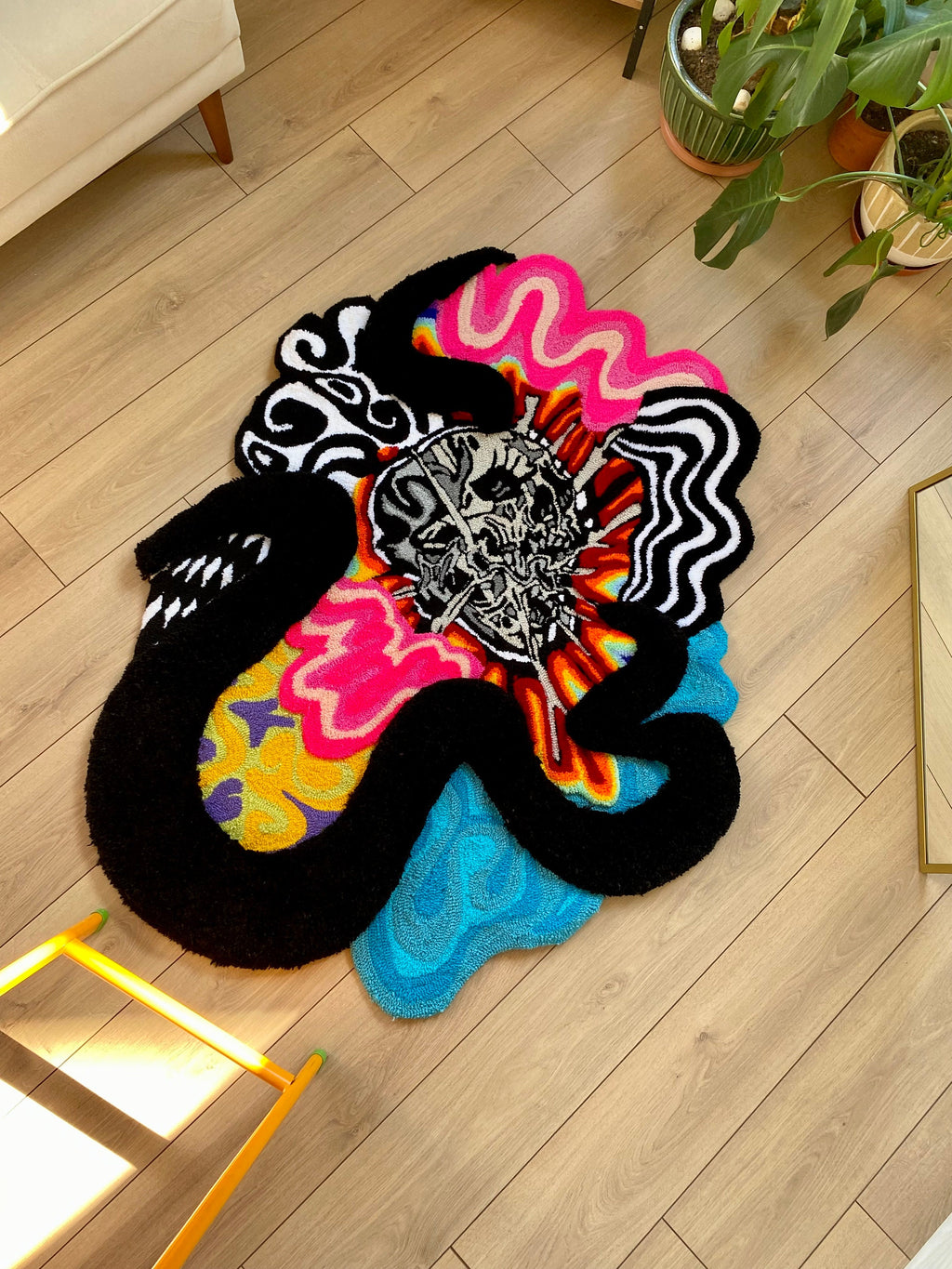 OrnnWorks Psychedelic Checkered Rainbow 3D Skull Fluffy Handmade Tufted Rug