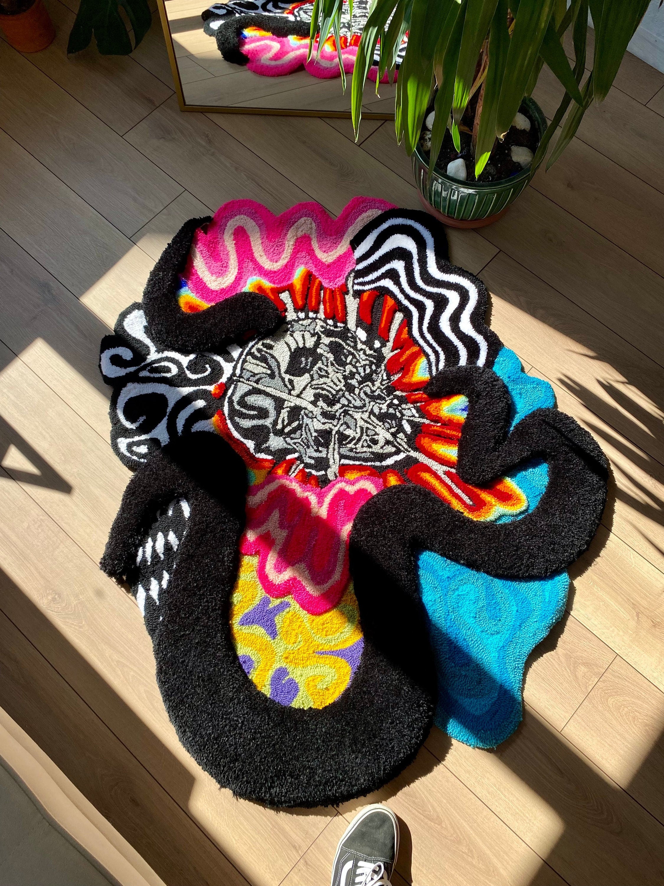 OrnnWorks Psychedelic Checkered Rainbow 3D Skull Fluffy Handmade Tufted Rug