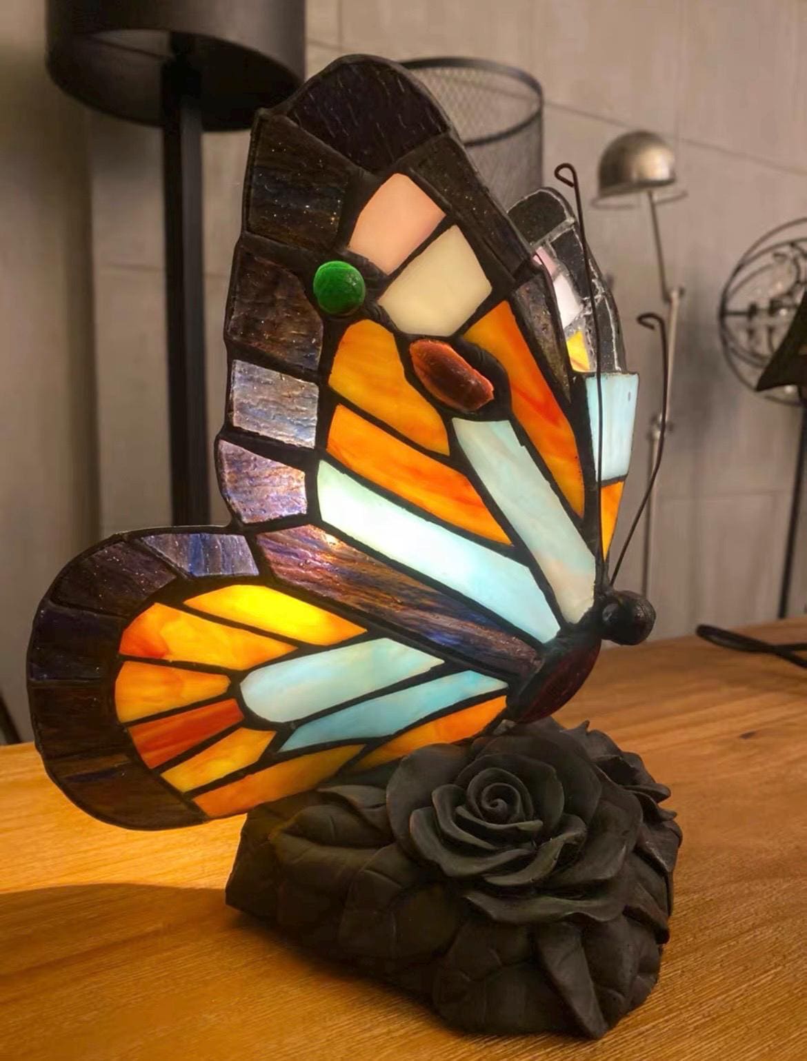 Butterfly Stained Glass Tiffany Table Lamp Handmade Antique Night Light
