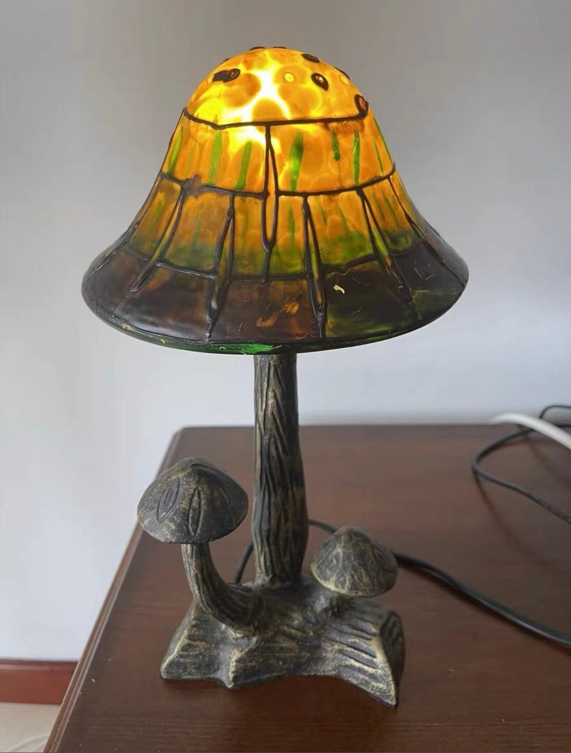 U2Antique Mushroom Stained Glass Table Lamp Fairy Figurine 12in