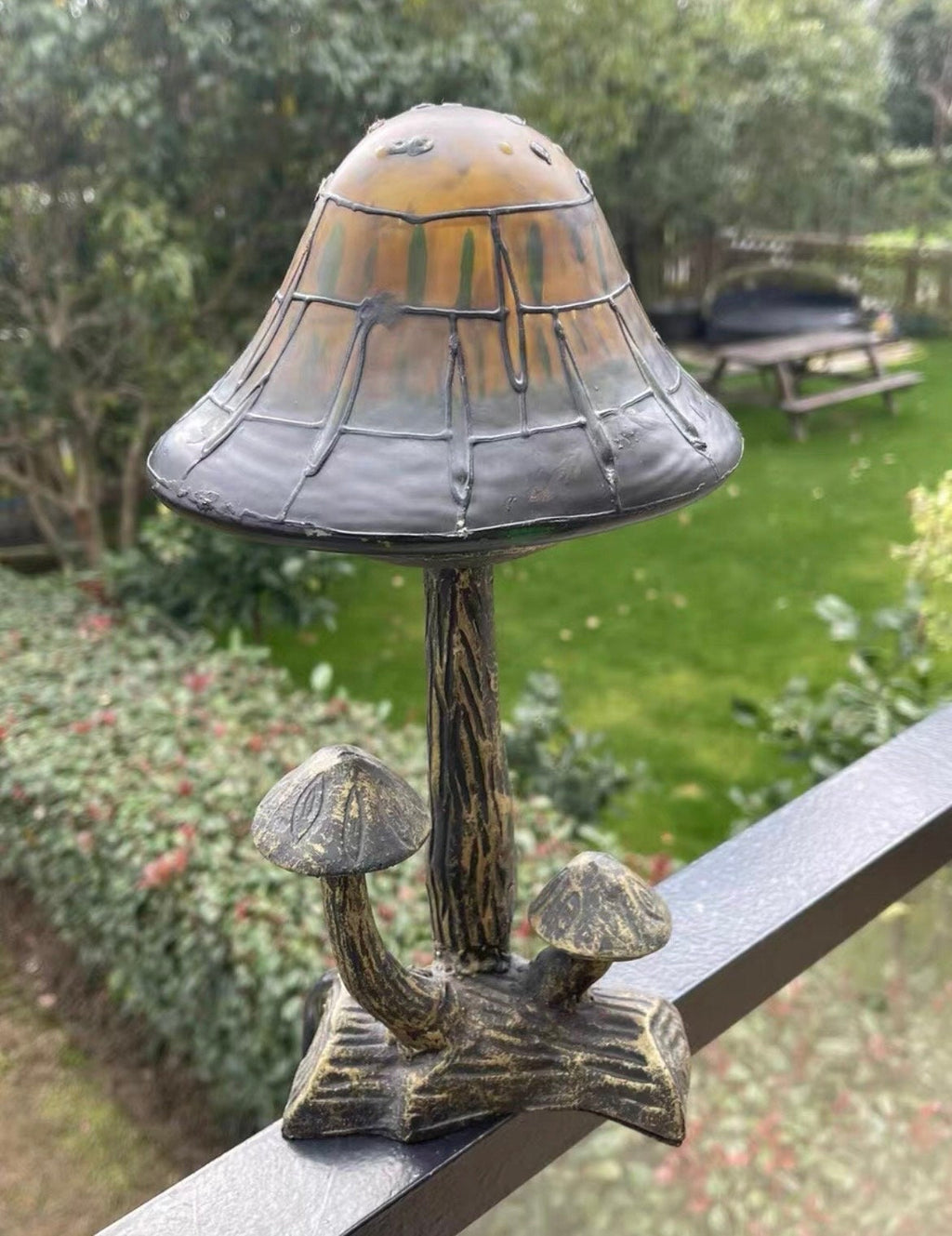 U2Antique Mushroom Stained Glass Table Lamp Fairy Figurine 12in
