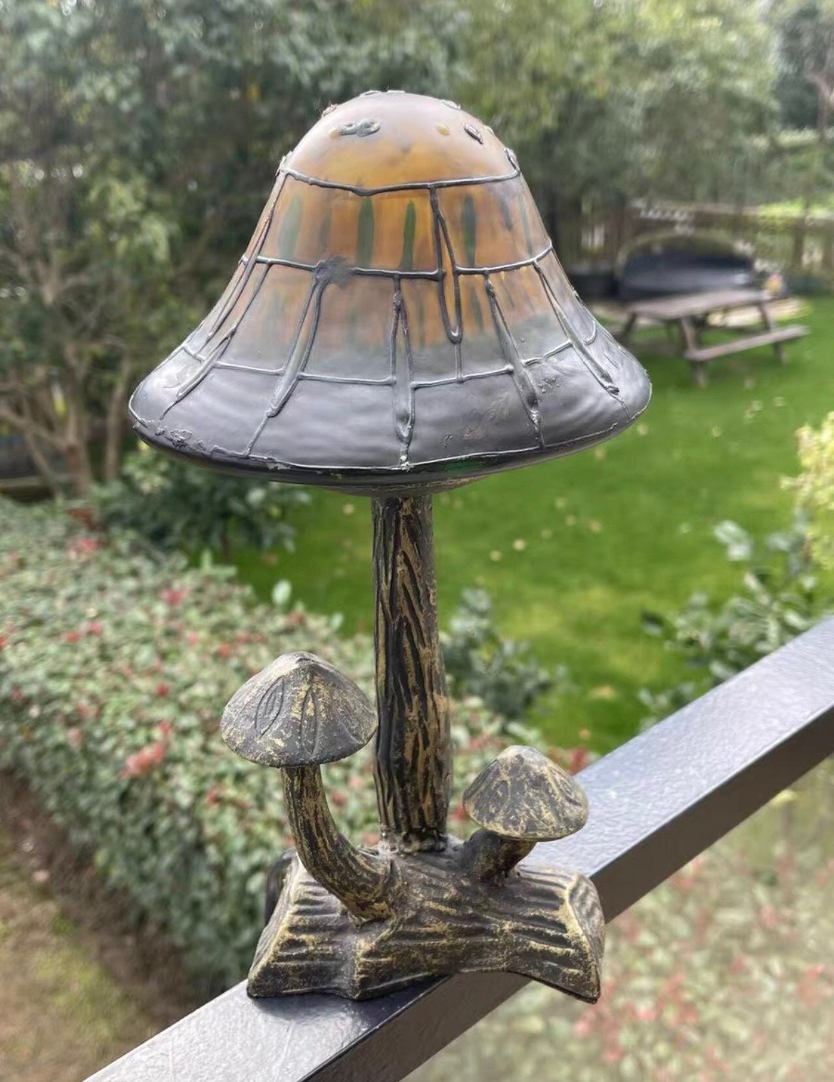 U2Antique Mushroom Stained Glass Table Lamp Fairy Figurine 12in