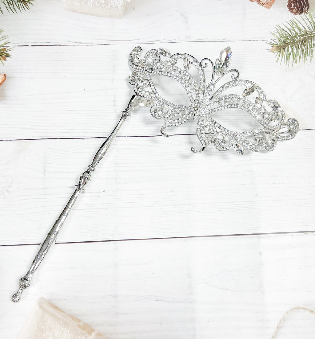 HappyJewelryWorld Butterfly Crystal Masquerade Mask with Silver Stick