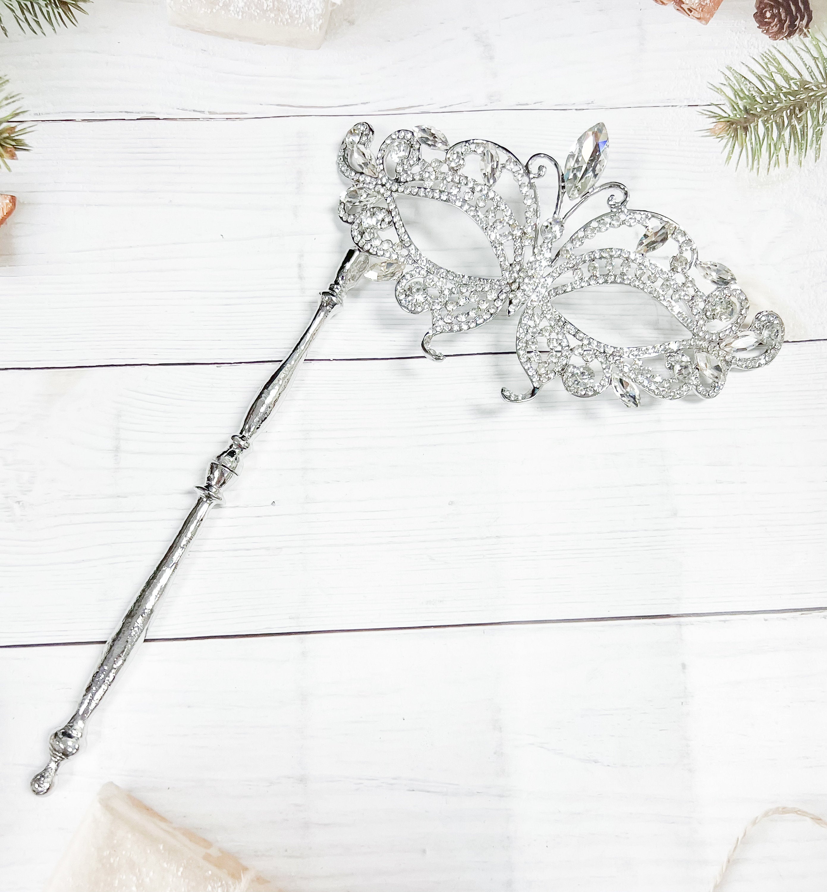 HappyJewelryWorld Butterfly Crystal Masquerade Mask with Silver Stick