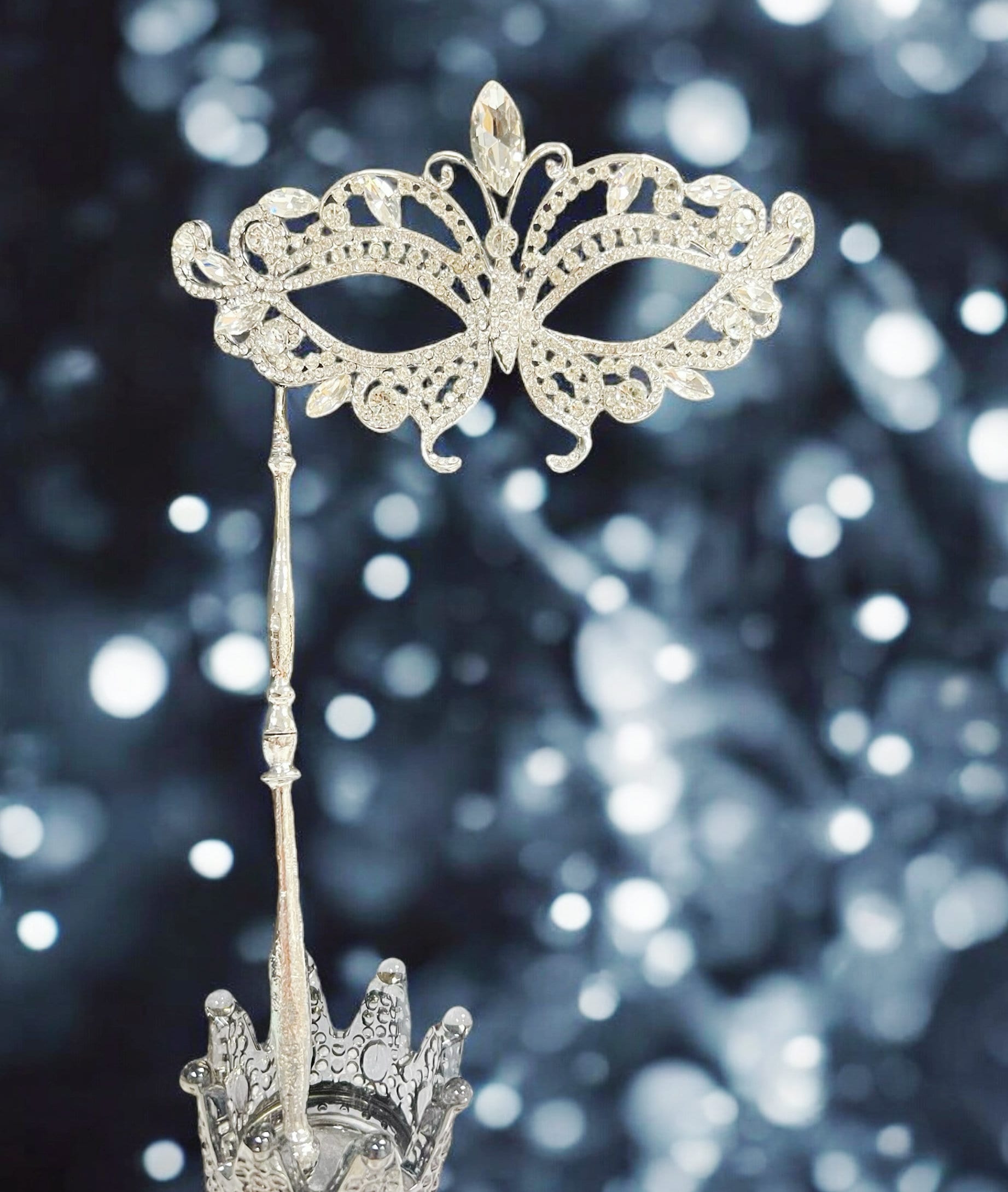 HappyJewelryWorld Butterfly Crystal Masquerade Mask with Silver Stick