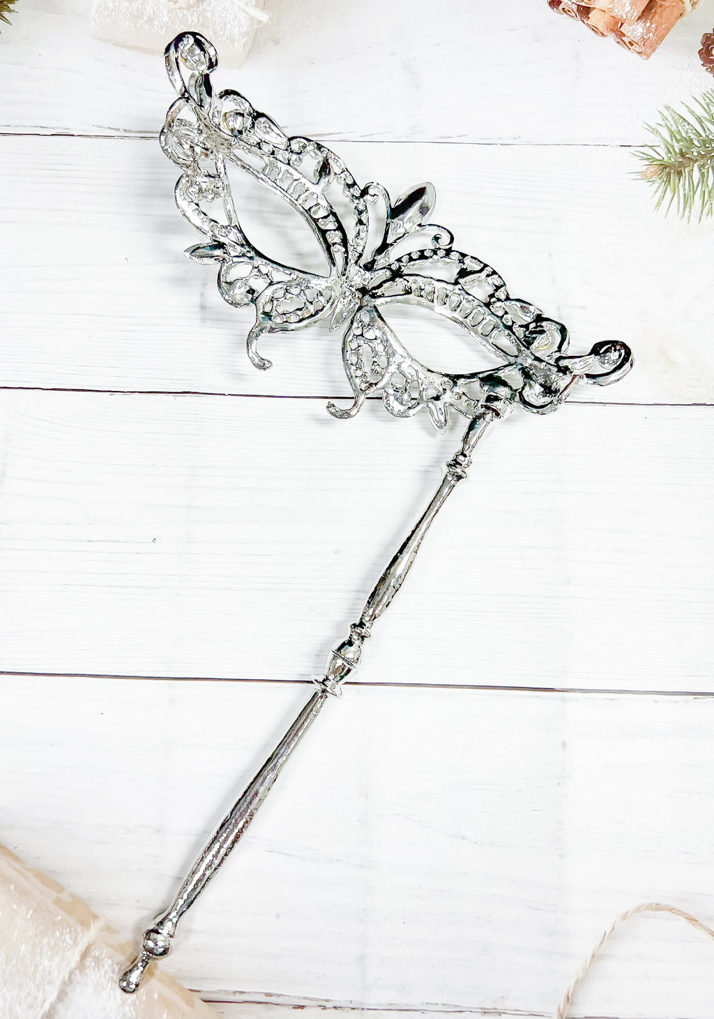 HappyJewelryWorld Butterfly Crystal Masquerade Mask with Silver Stick