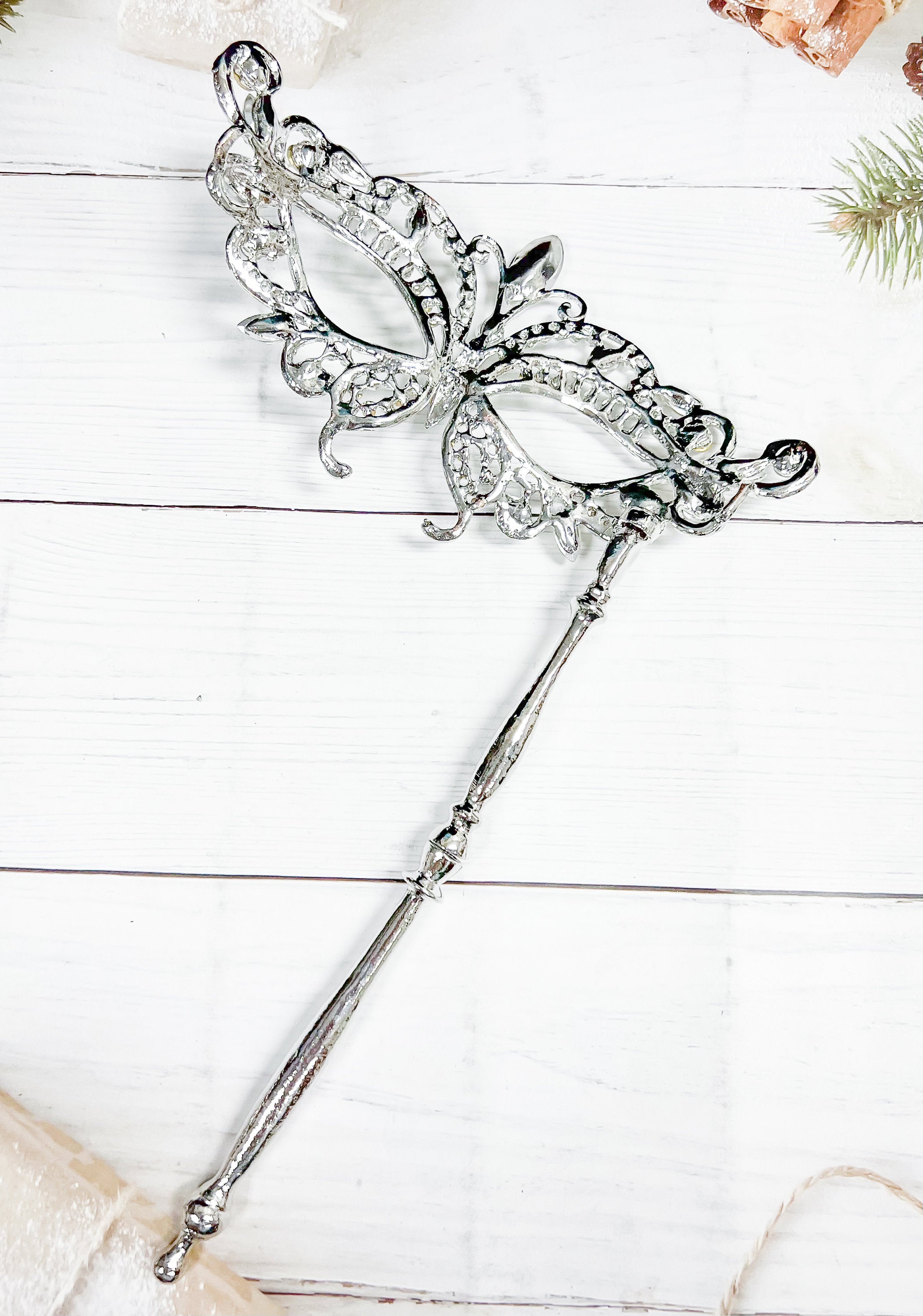 HappyJewelryWorld Butterfly Crystal Masquerade Mask with Silver Stick