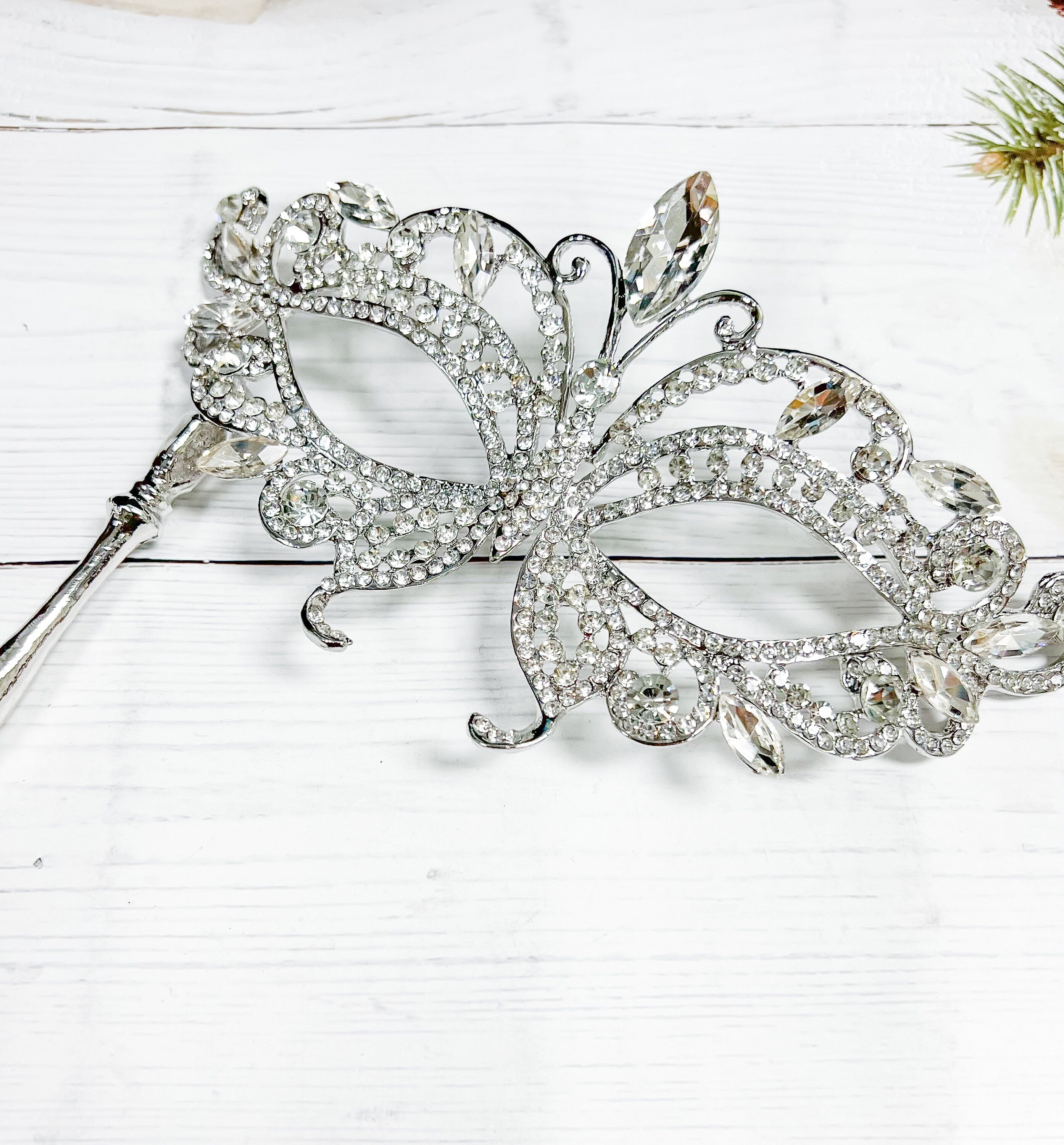 HappyJewelryWorld Butterfly Crystal Masquerade Mask with Silver Stick